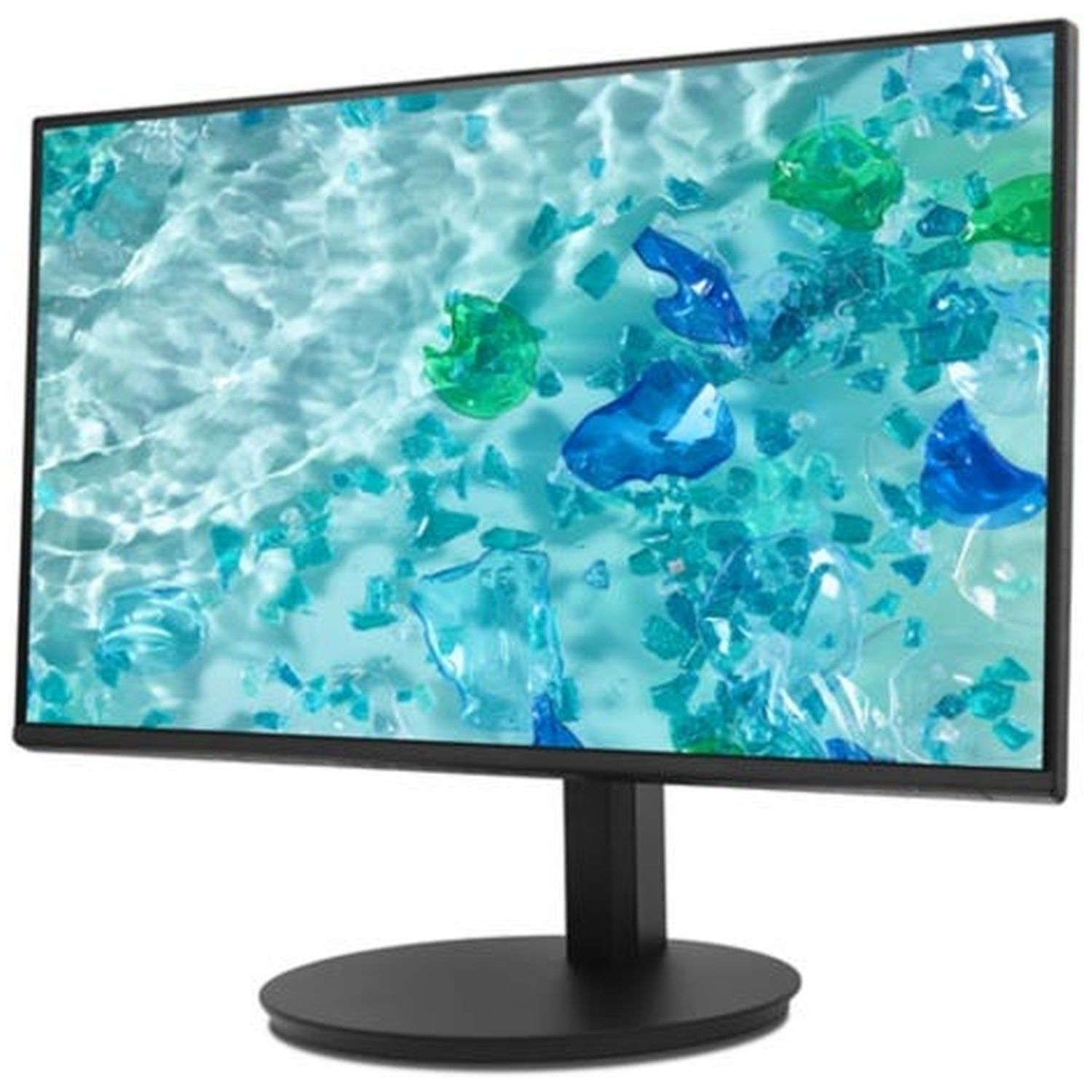 A black monitor displays a bright blue and green abstract water pattern with floating shapes.