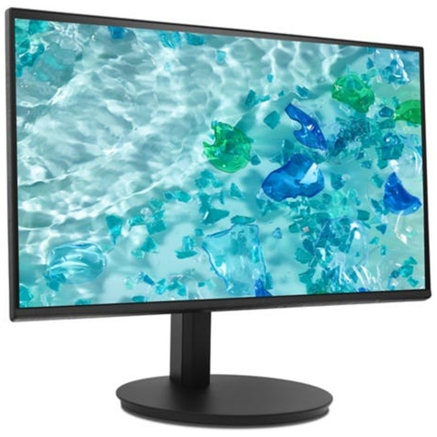 A black monitor displays an abstract image of blue and green glass in water.