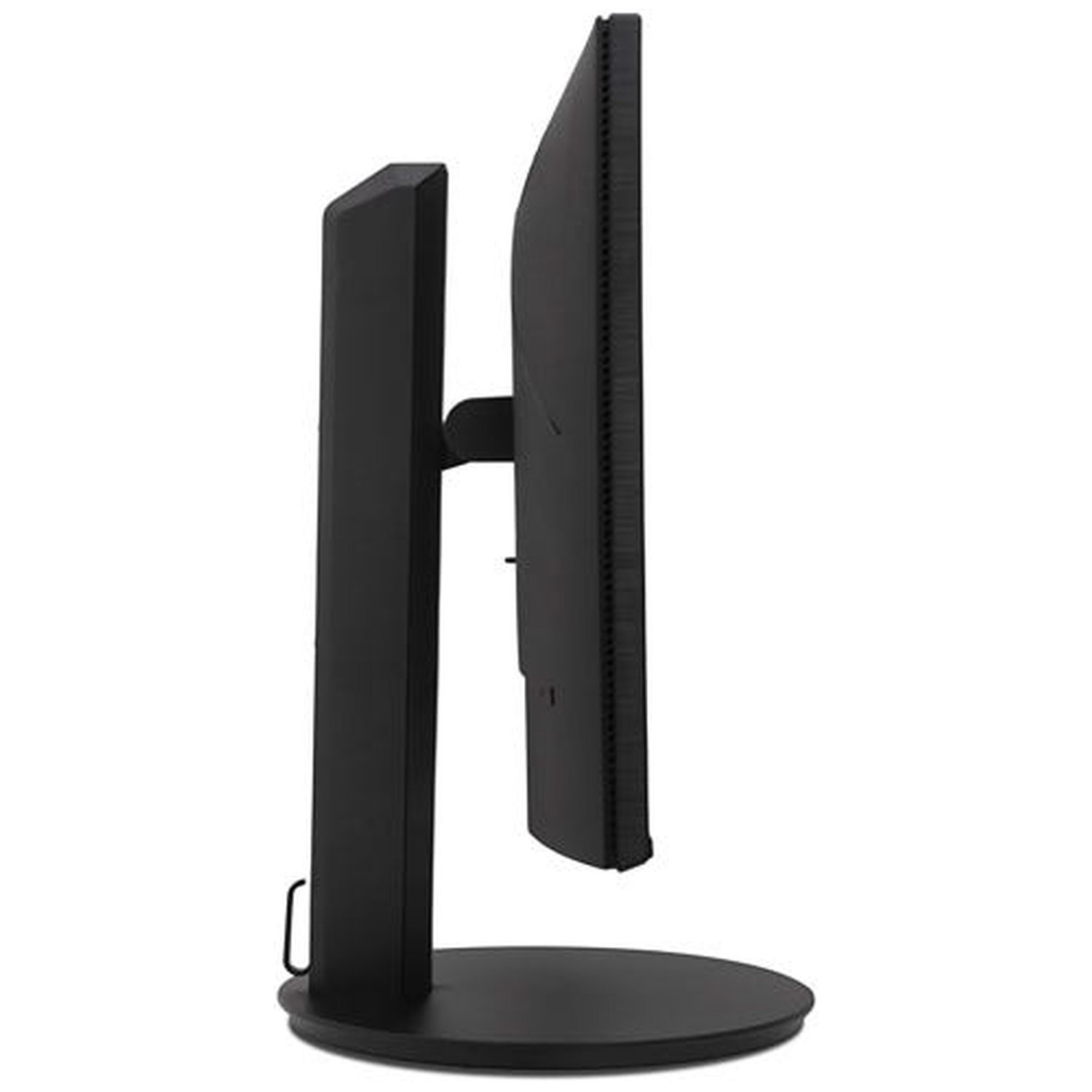 A black monitor with its stand, shown from the side on a white background.