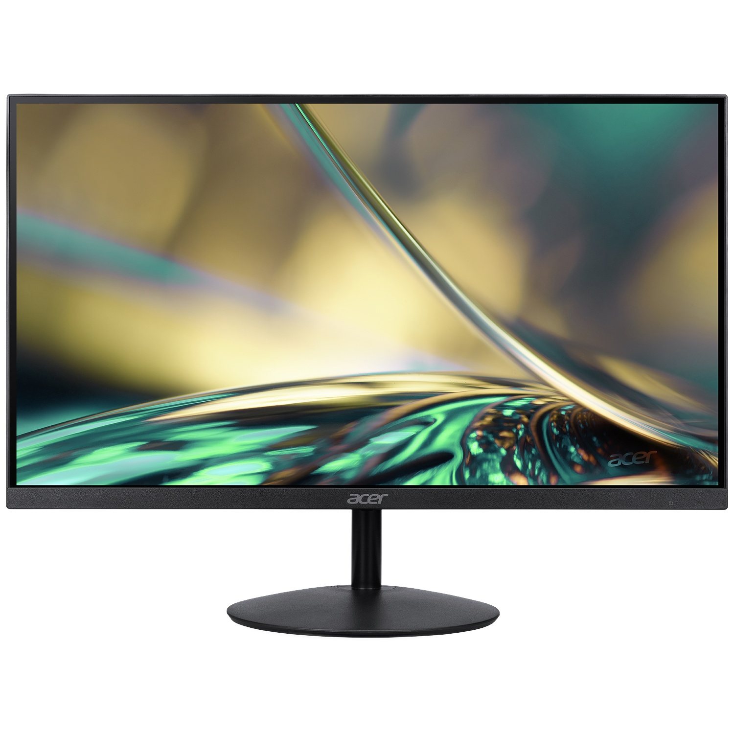 An Acer monitor with an abstract colorful background rests on a black base.