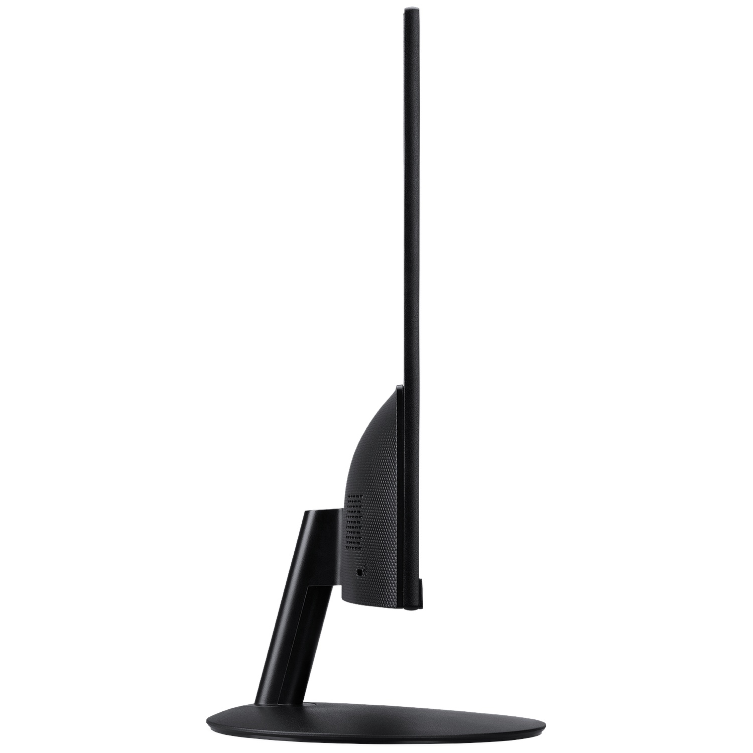 Side view of a black monitor with a slim design on a round stand.