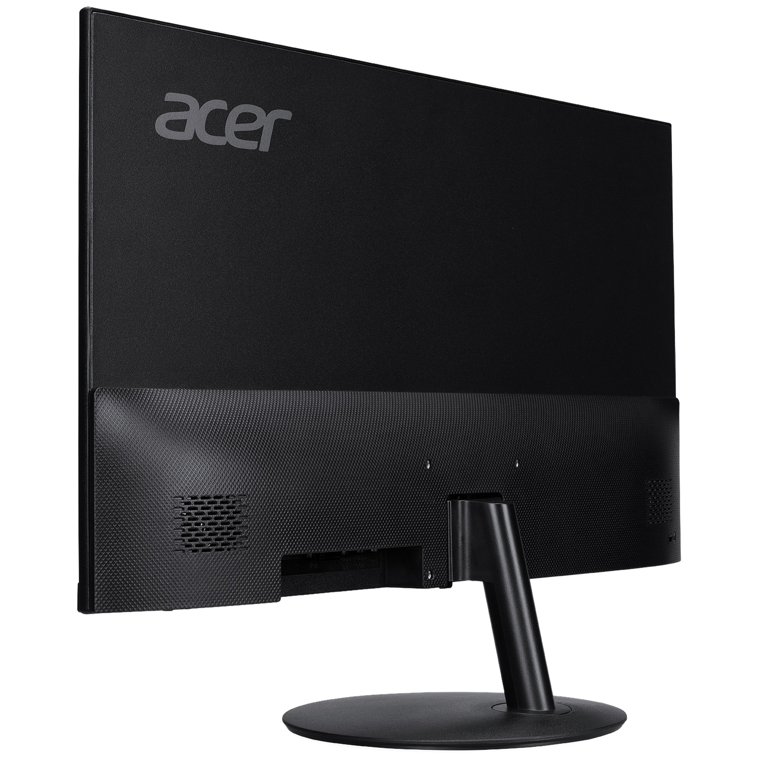 Rear view of a black Acer monitor with stand and ventilation grilles.