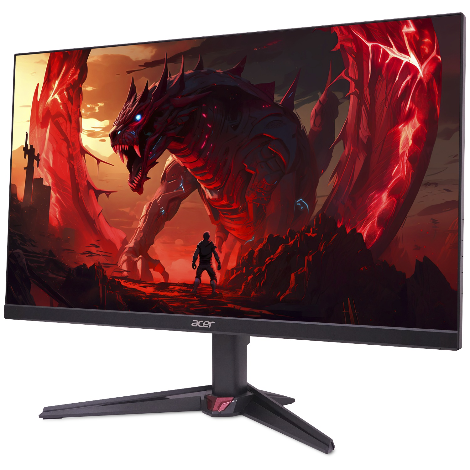 A menacing red dragon with glowing blue eyes faces a lone figure. Fiery red rocks dominate the background.