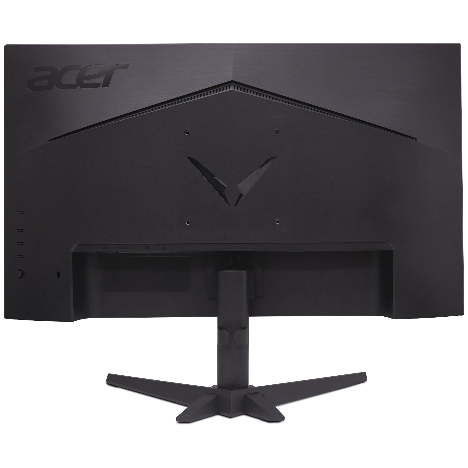 Back of a black Acer monitor with a V-shaped design element and ports.