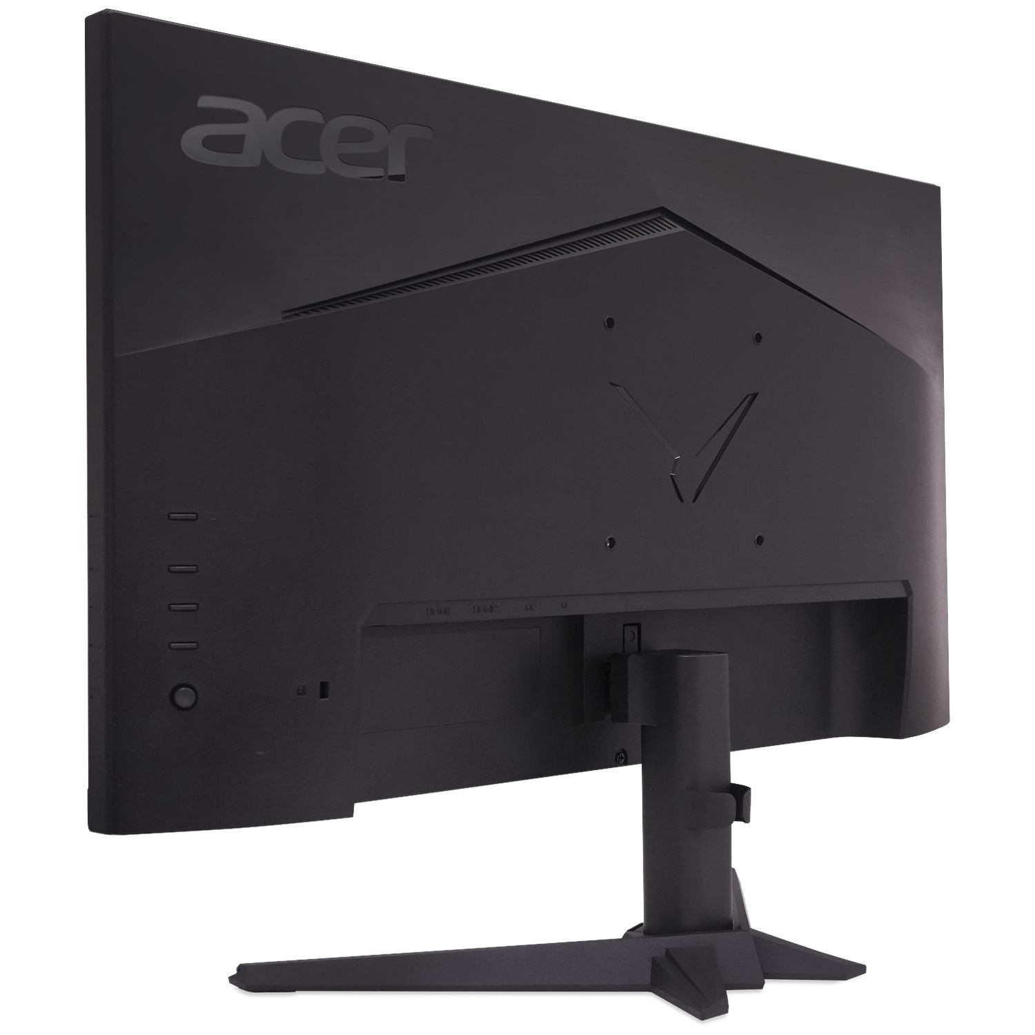 Rear view of a black Acer monitor with ports and stand, on a white background.