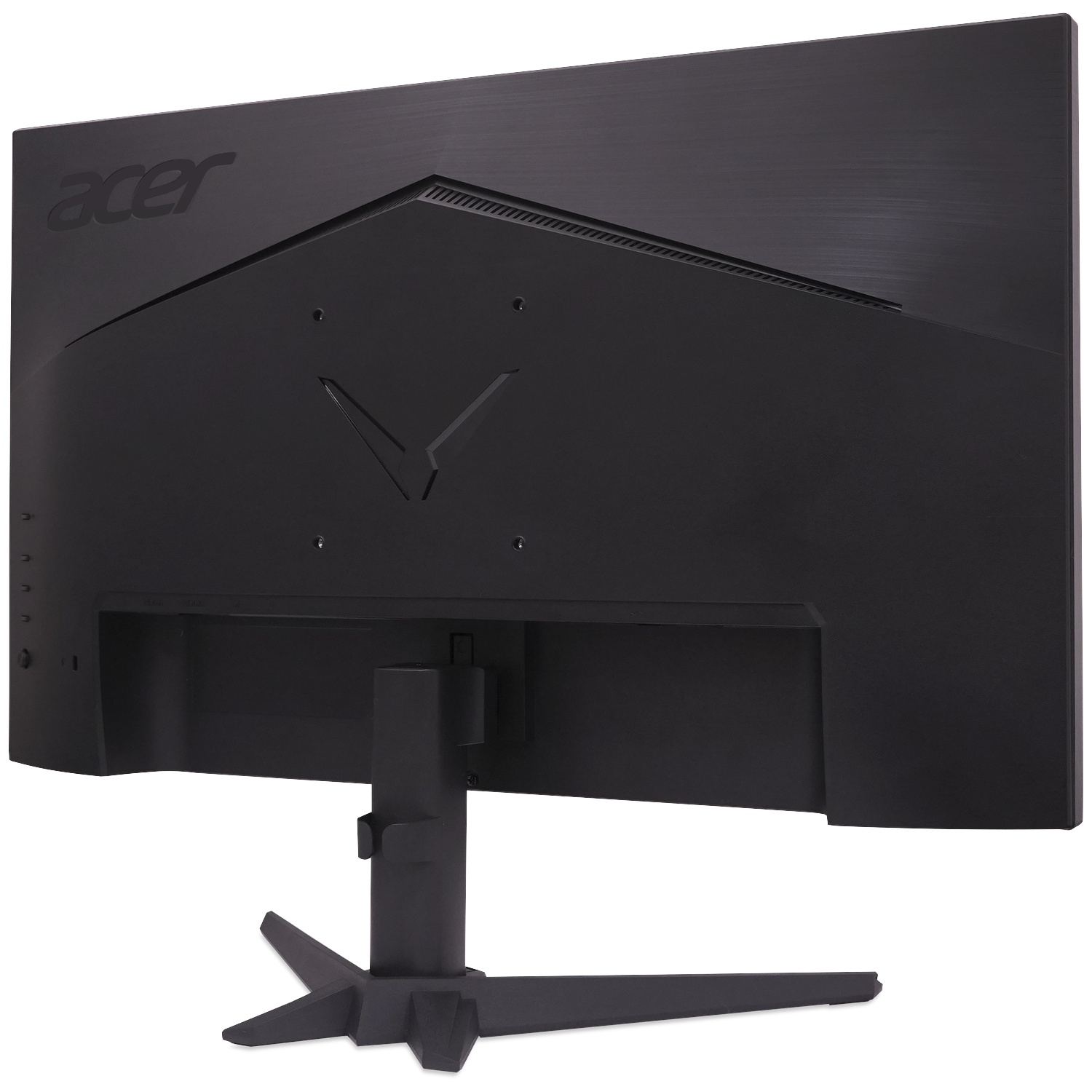 Back of a black Acer monitor with silver logo and V-shaped design.