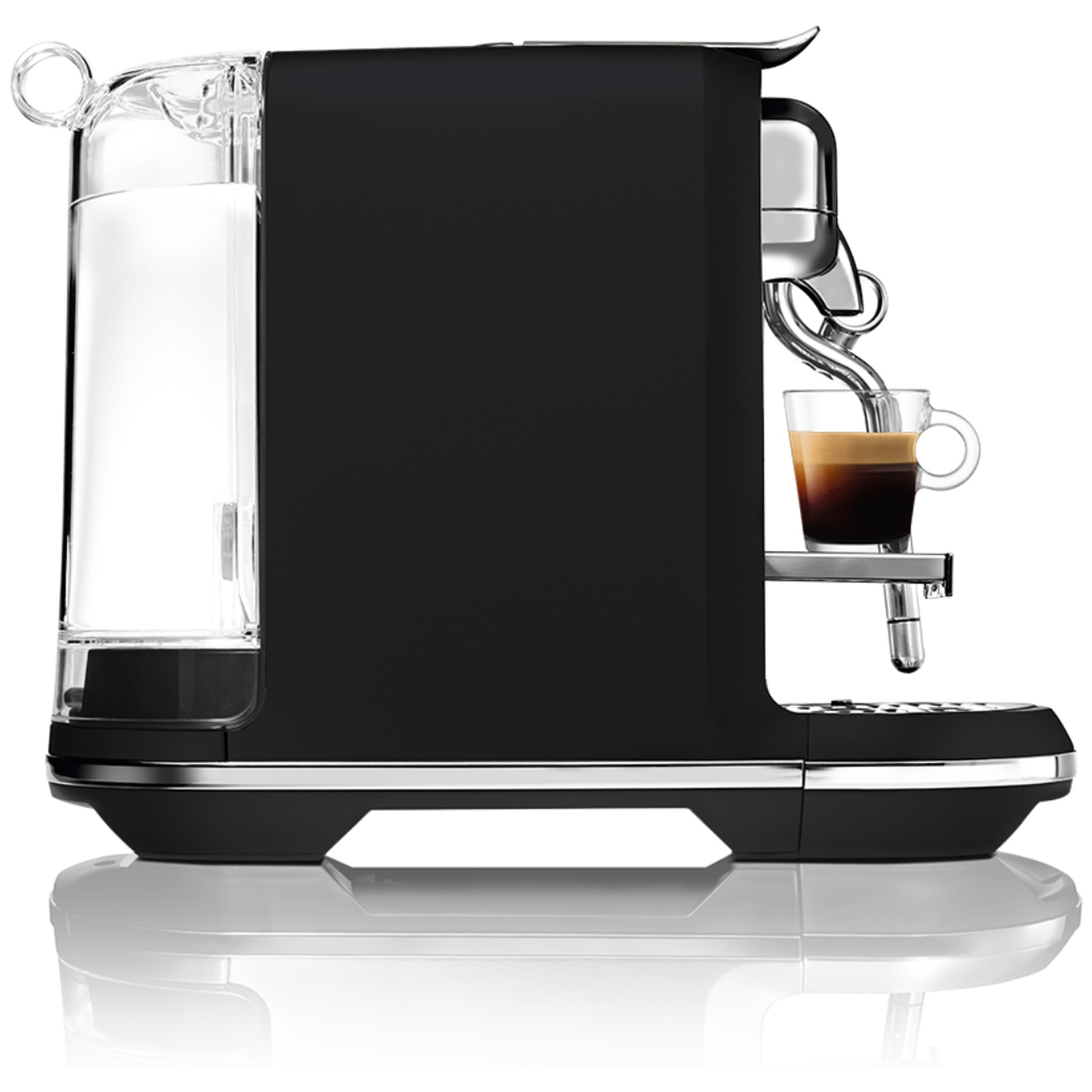 Black coffee machine brewing espresso into a glass cup.