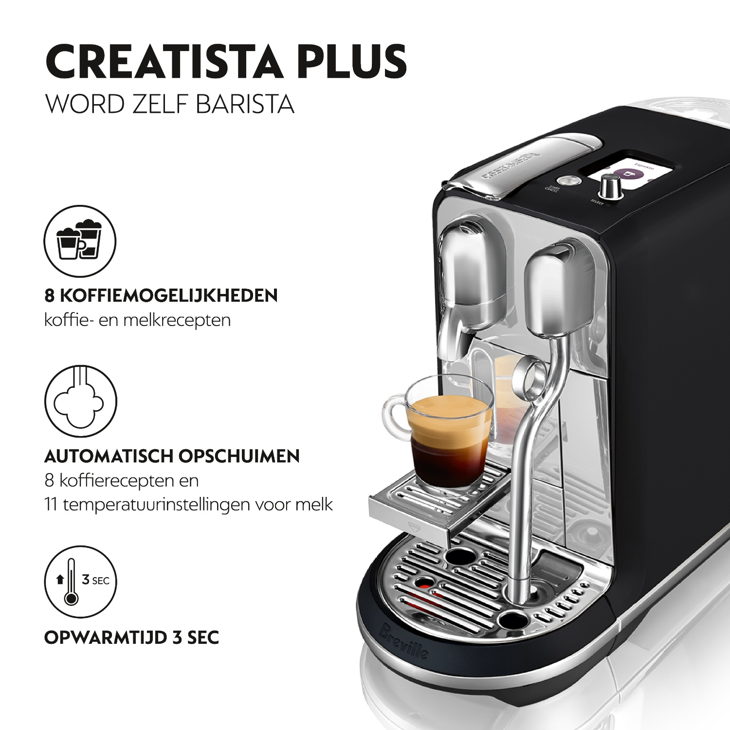 Black Nespresso Creatista Plus coffee machine with a glass containing espresso.