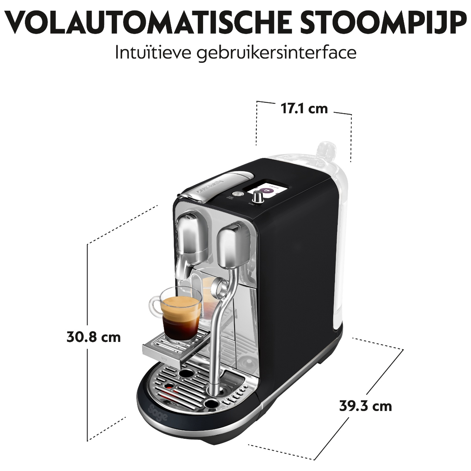 A black coffee machine with a glass of espresso and dimensions shown.