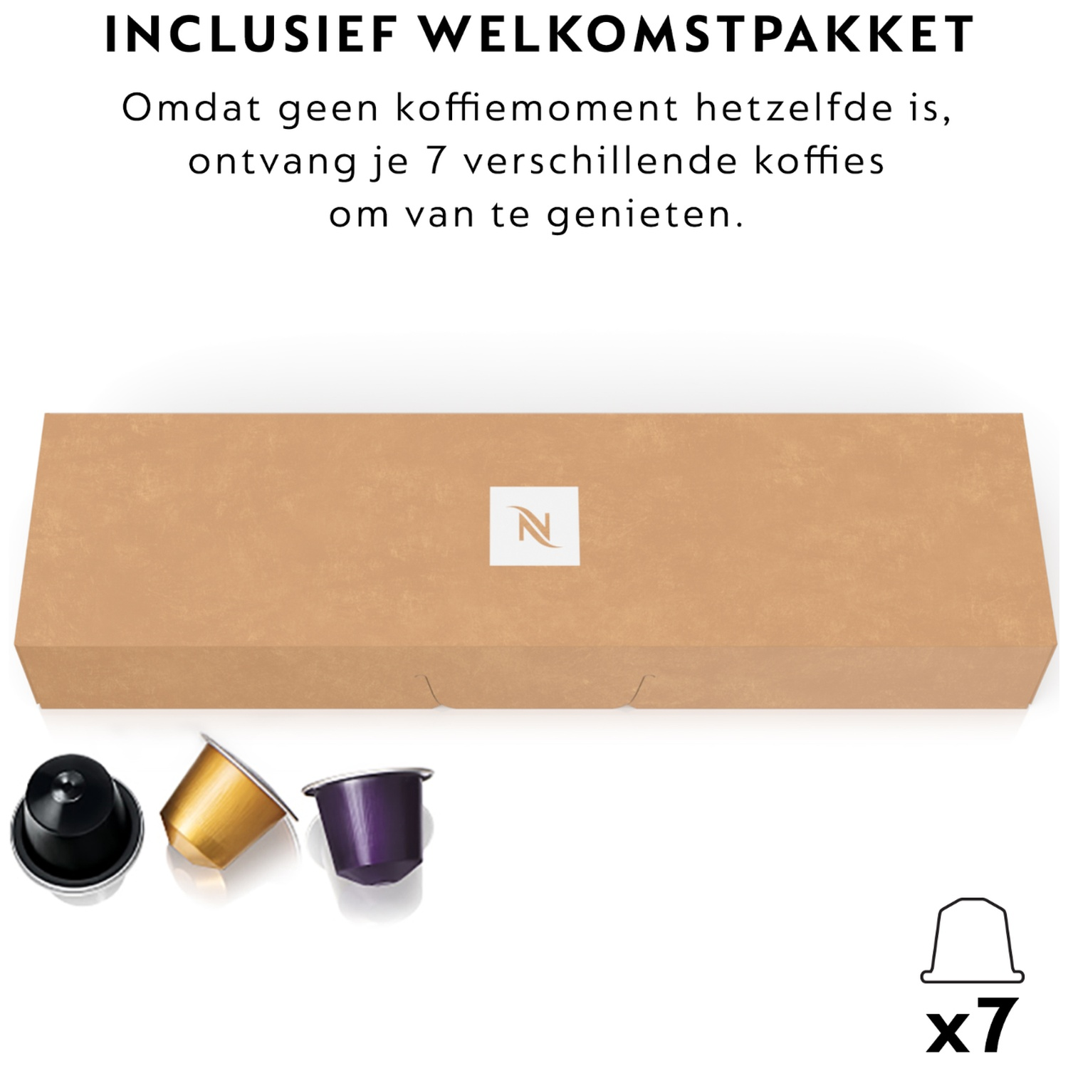 A brown box with Nespresso capsules and 'x7' symbol.