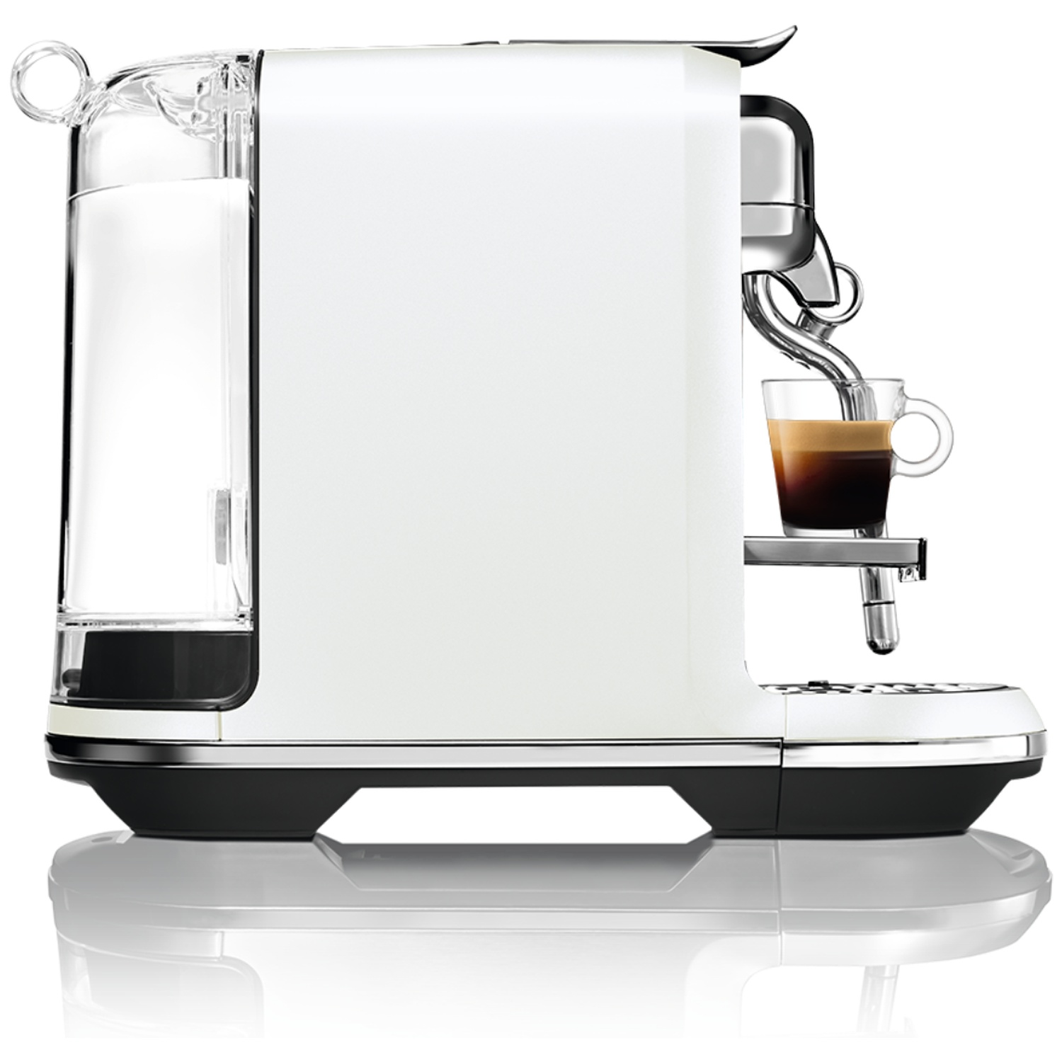 White coffee machine with water tank and espresso in a cup.