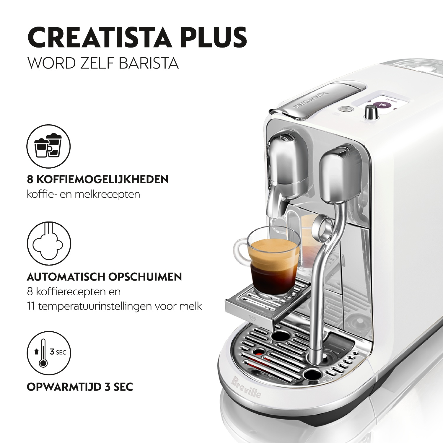White Nespresso Creatista Plus coffee machine with espresso in a cup.