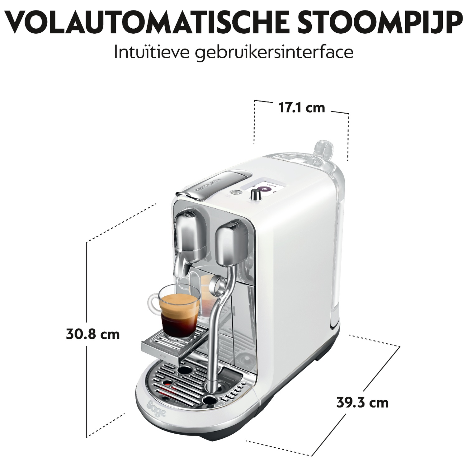 White coffee machine with espresso cup. Dimensions 30.8x39.3x17.1 cm.