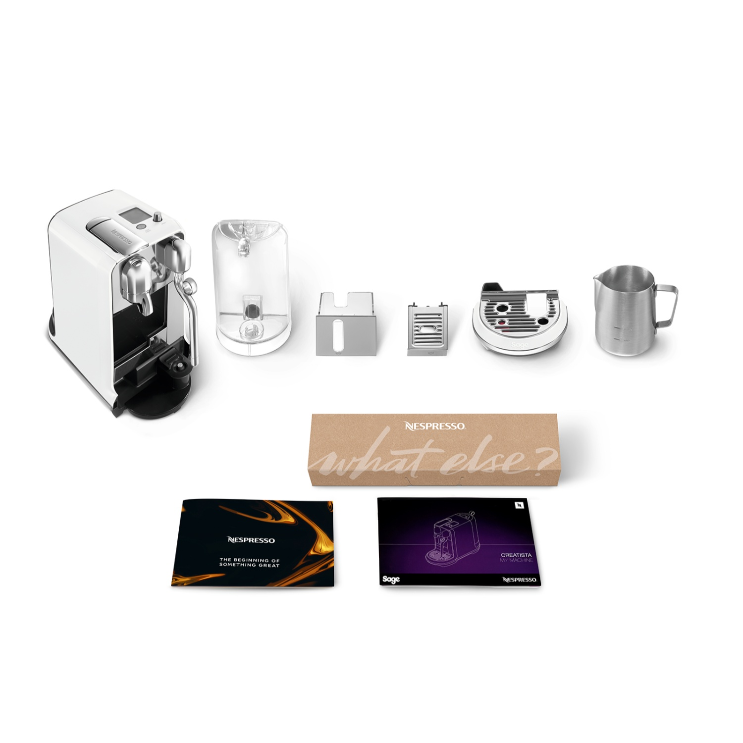 A white Nespresso coffee machine with accessories: water tank, filter, drip tray, milk jug, and manuals.