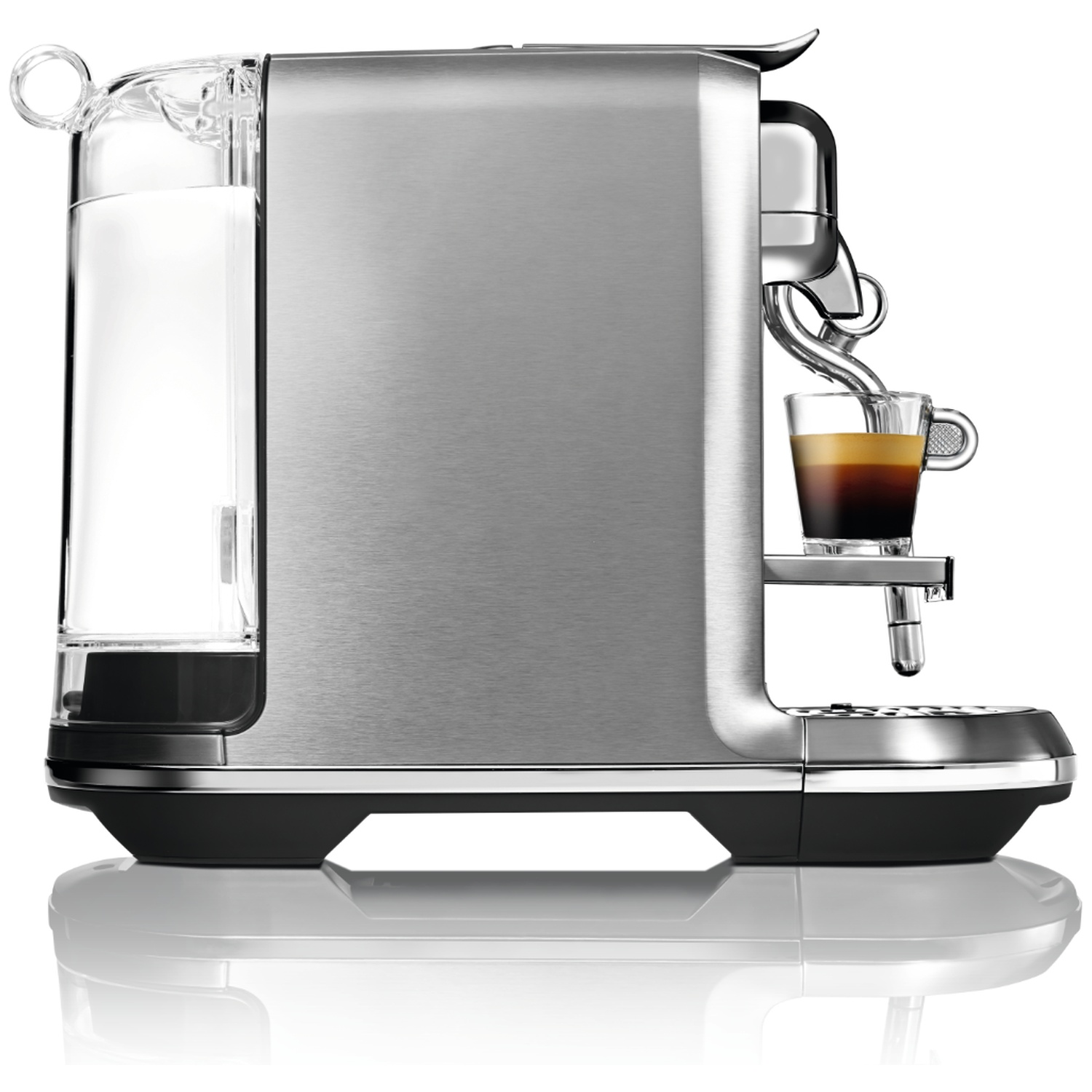A silver espresso machine with a water tank and a cup of espresso.