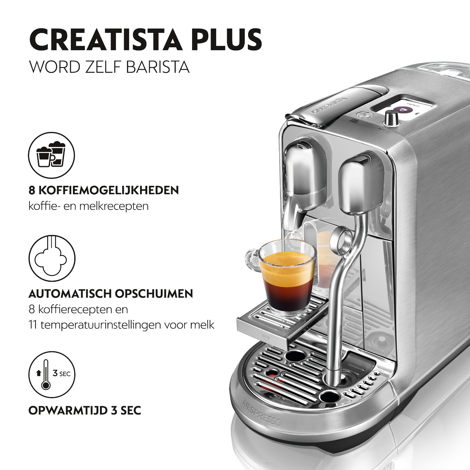 Silver Nespresso Creatista Plus coffee machine with espresso in a cup.