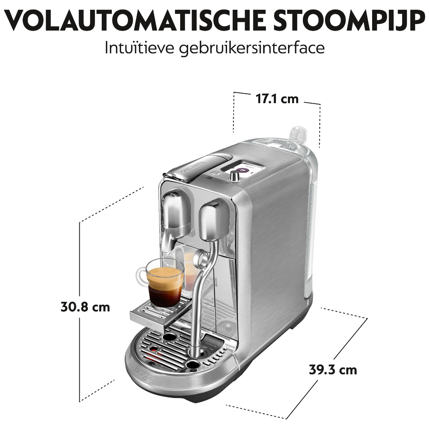 Silver coffee machine with glass for espresso, dimensions shown.
