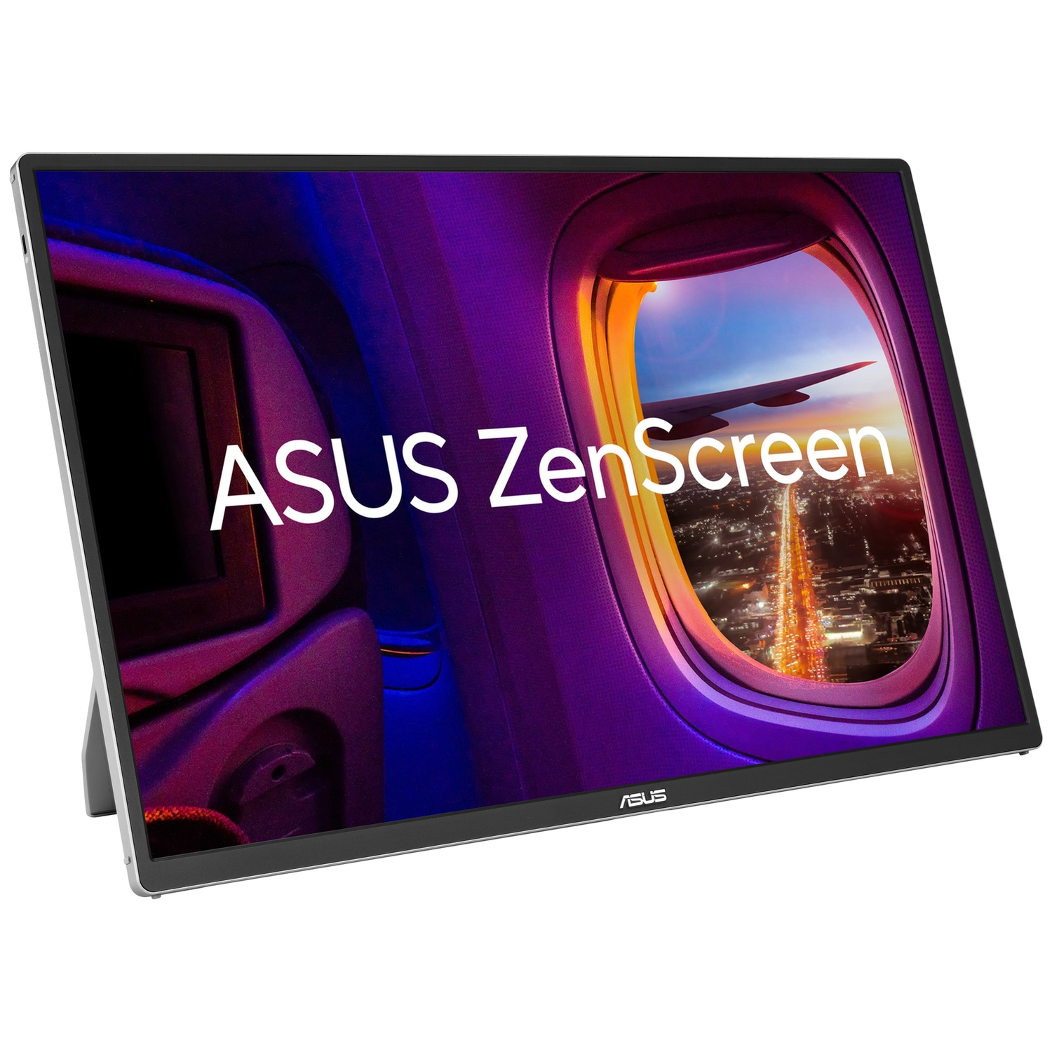 Black ASUS ZenScreen monitor displaying an airplane window wallpaper.