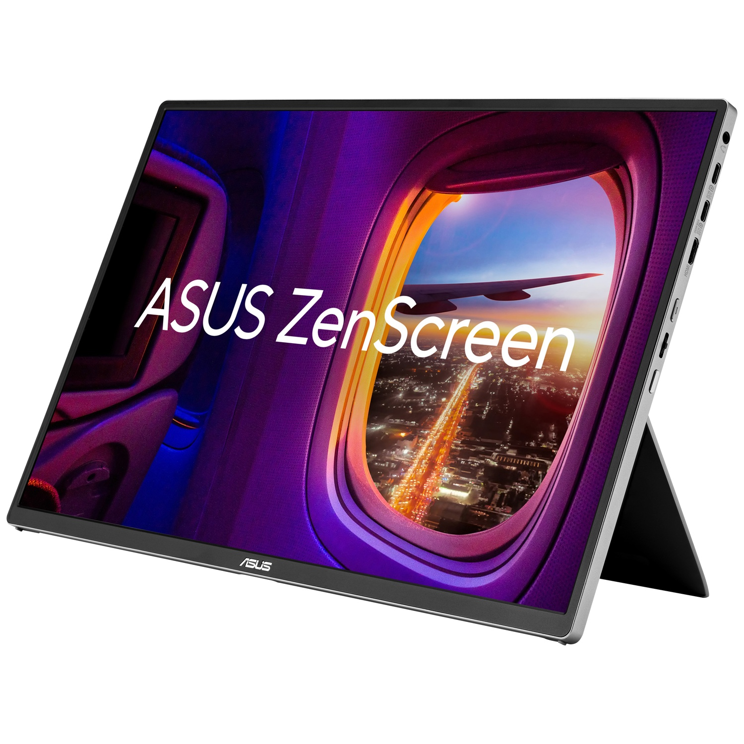 ASUS ZenScreen portable monitor displays a city at night viewed from an airplane window.
