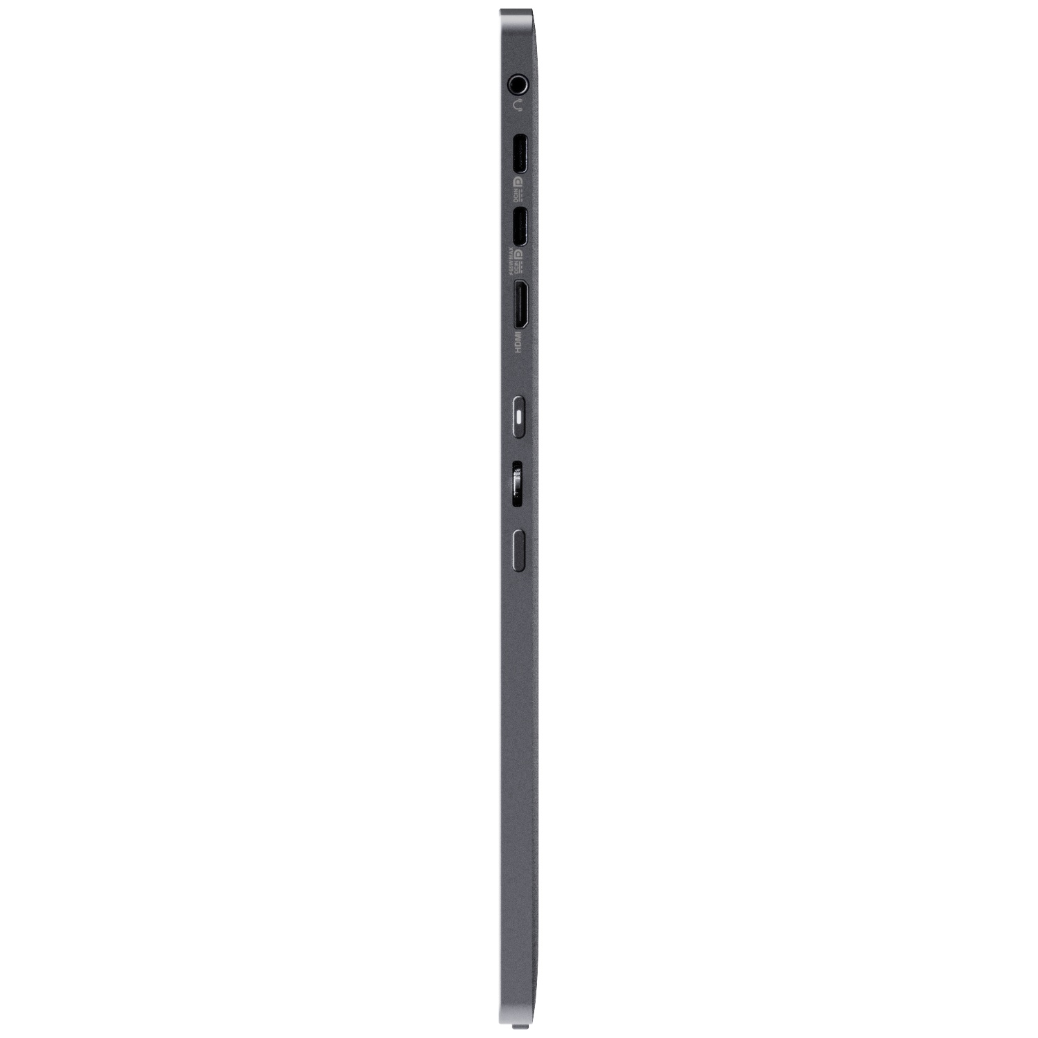 Side view of a dark tablet showing ports like HDMI and USB.