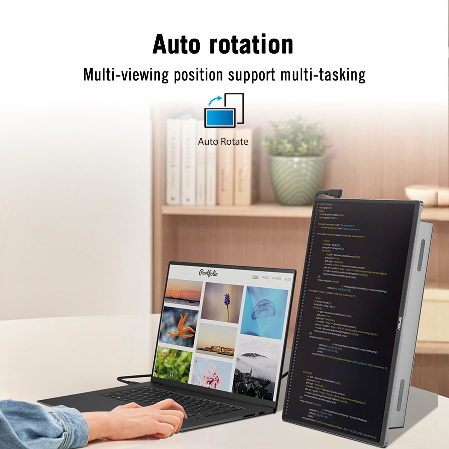 A laptop and a vertical monitor displaying code are shown on a desk.