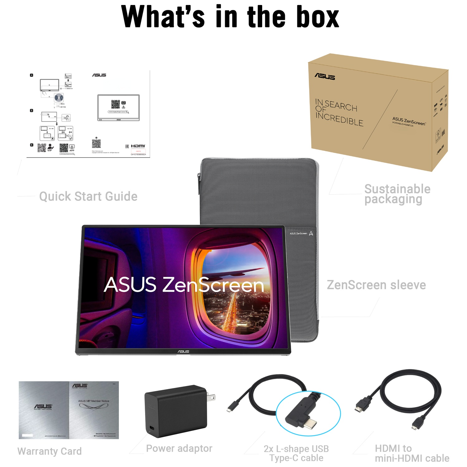 Box contents: Monitor, sleeve, power adapter, cables, guide, warranty card.