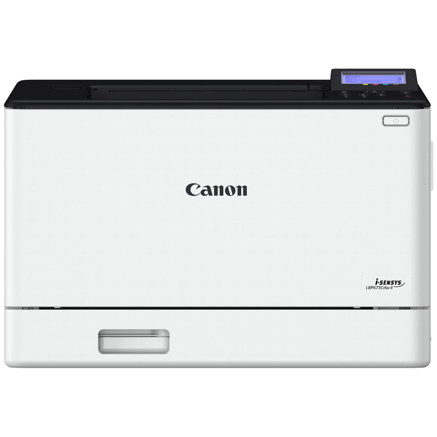 Een witte Canon i-SENSYS laserprinter met zwart bovendeel en een klein display.