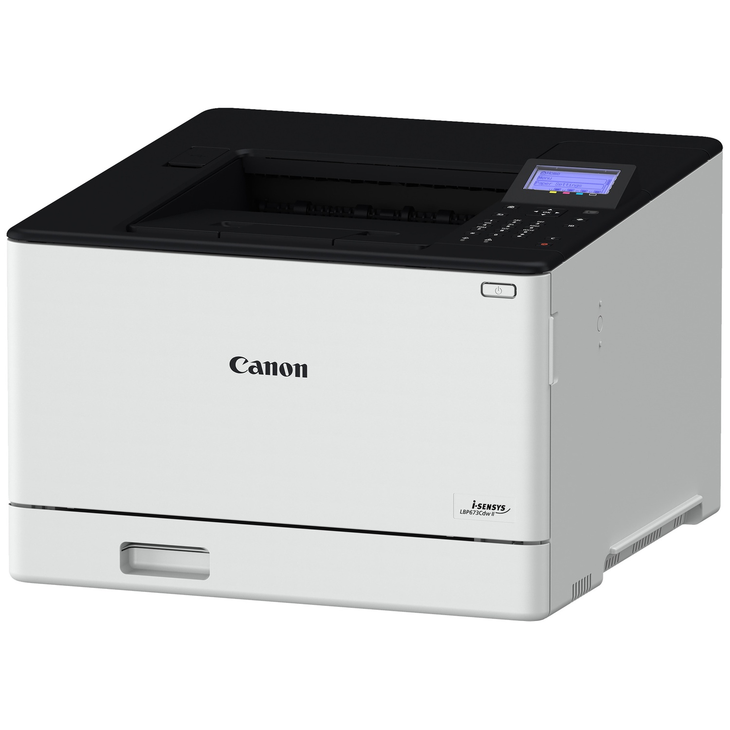 Een witte Canon i-SENSYS laserprinter met een zwarte bovenkant en een klein scherm.