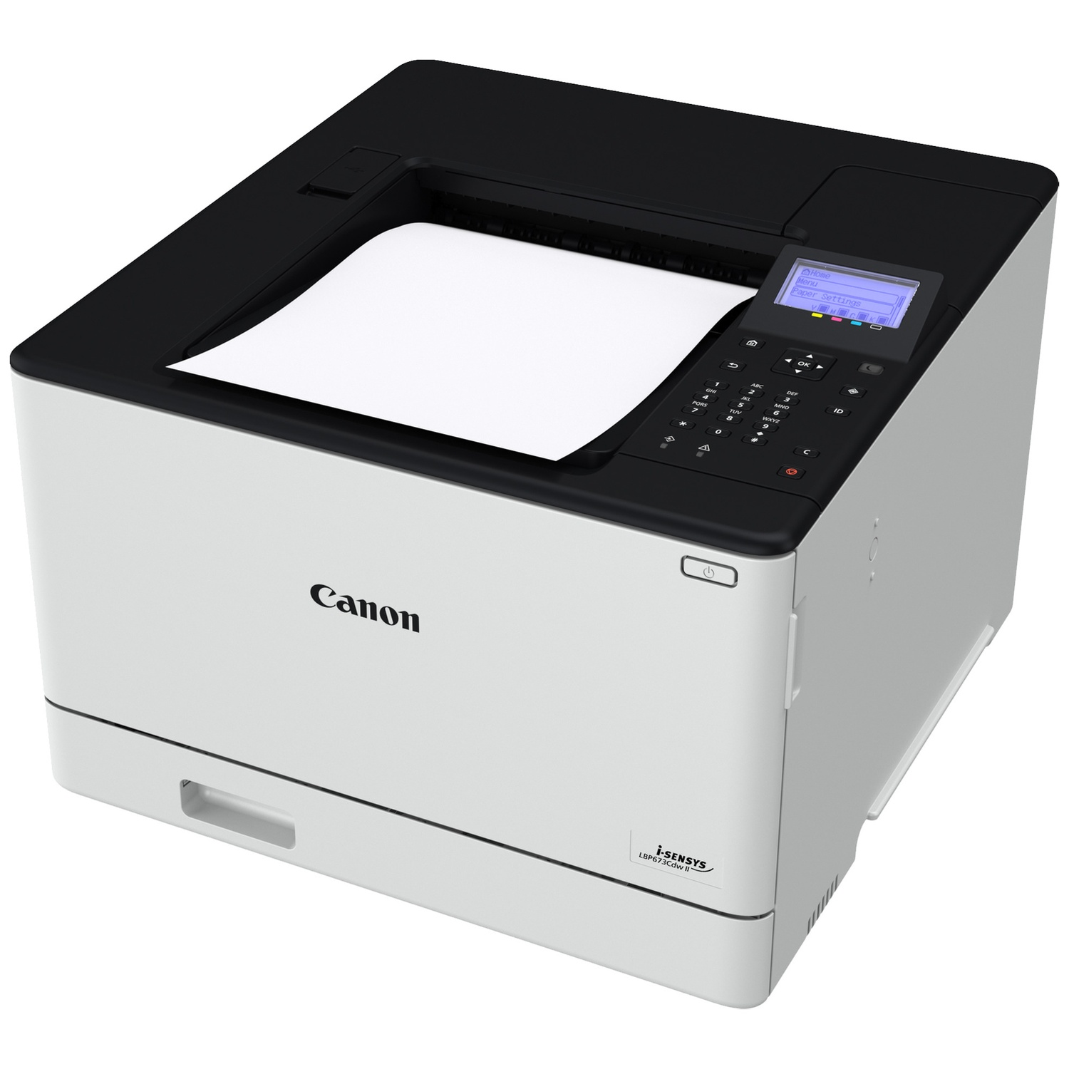 Een witte Canon i-SENSYS laserprinter met een zwarte bovenkant en display.