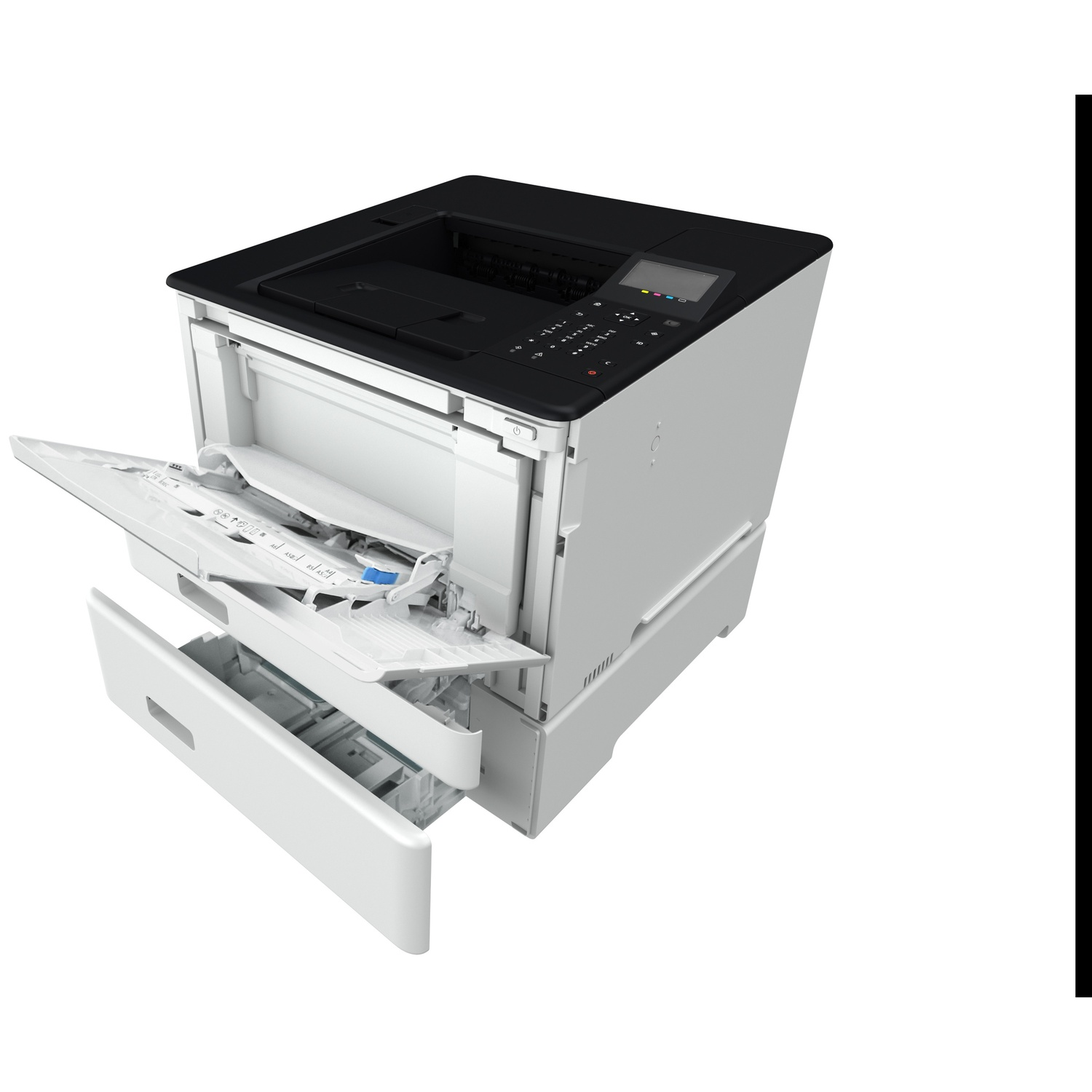 Een witte printer met open papierlade en uitgeschoven lader.