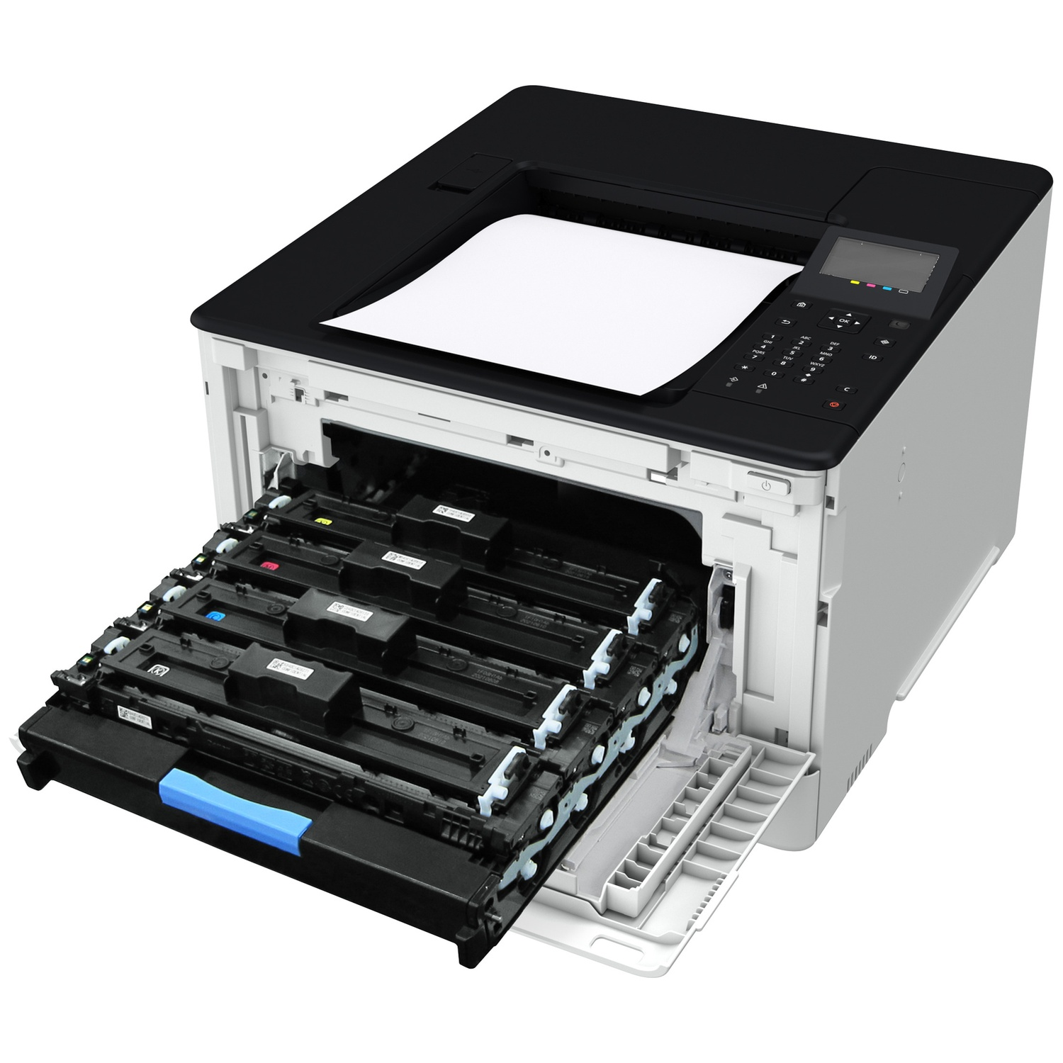 Een laserprinter met een open lade die meerdere tonercartridges onthult, waaronder cyaan, magenta en geel.