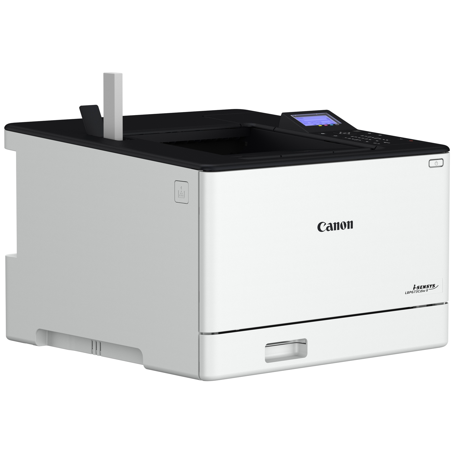Een witte Canon i-SENSYS LBP673Cdw II laserprinter met een zwart bovenoppervlak.