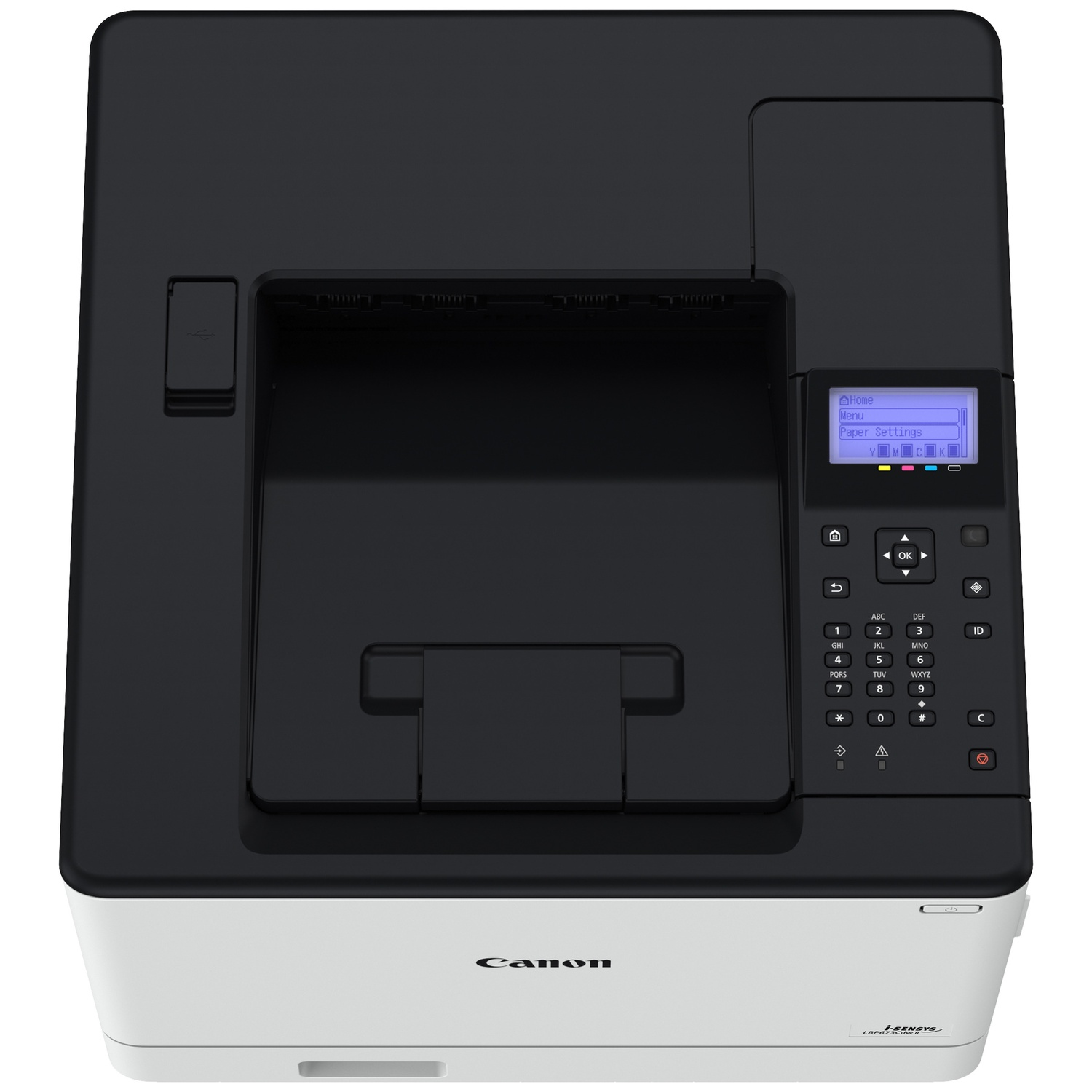Een zwarte Canon i-SENSYS printer met bedieningspaneel en USB-poort.