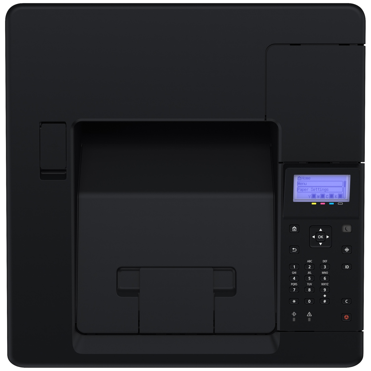 Zwarte printer met toetsenbord en LCD-scherm dat menuopties weergeeft.