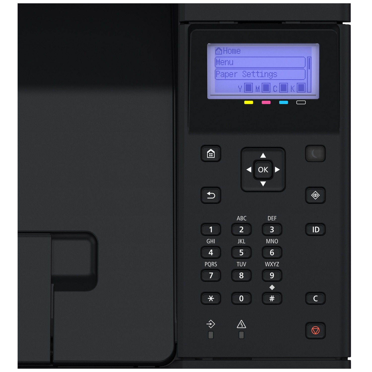 Een zwarte printer met een LCD-scherm dat menu-instellingen weergeeft.