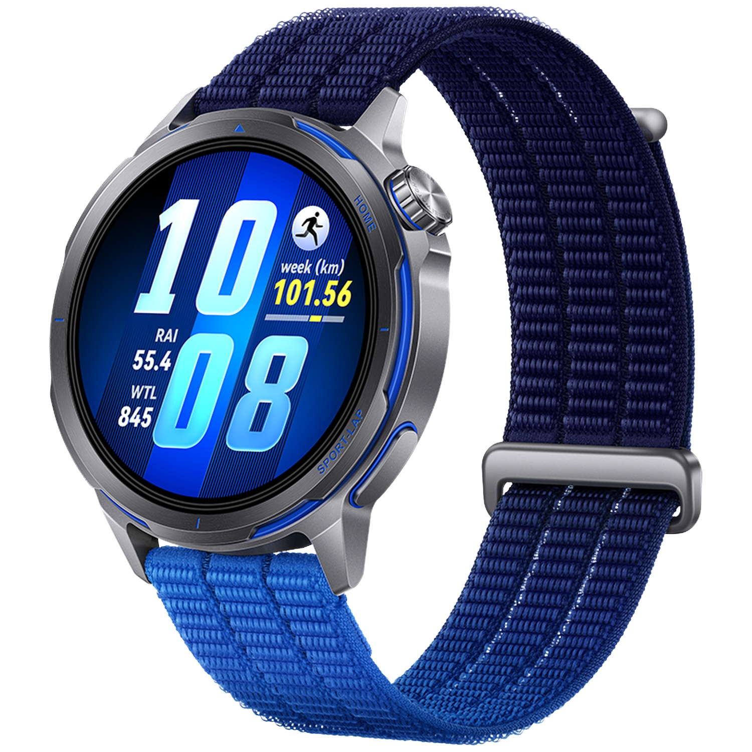 Grijze smartwatch met blauwe stoffen band, digitaal display toont 10:08, 101,56 km.