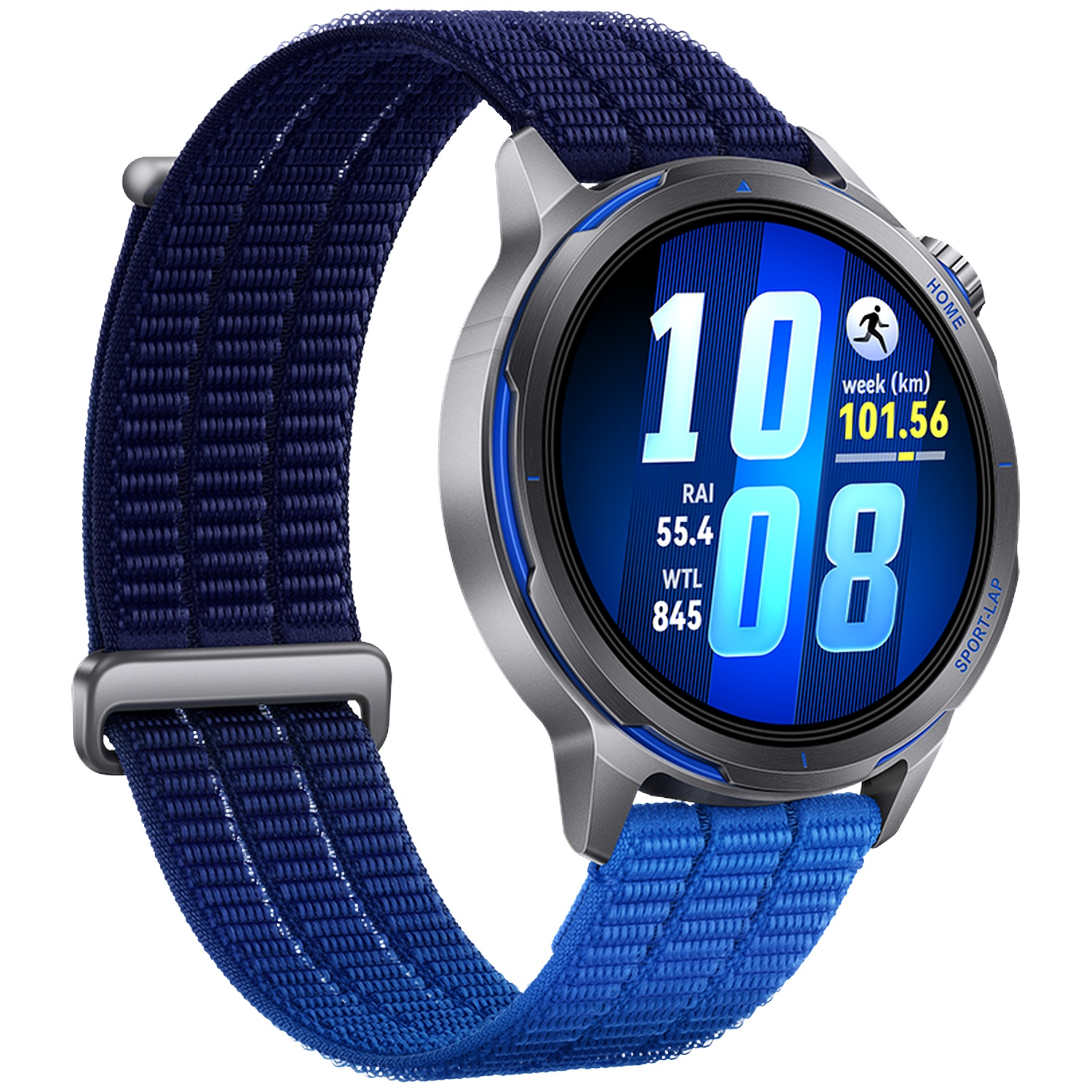 Een smartwatch met blauwe stoffen band en zilveren behuizing. Het scherm toont 10:08.