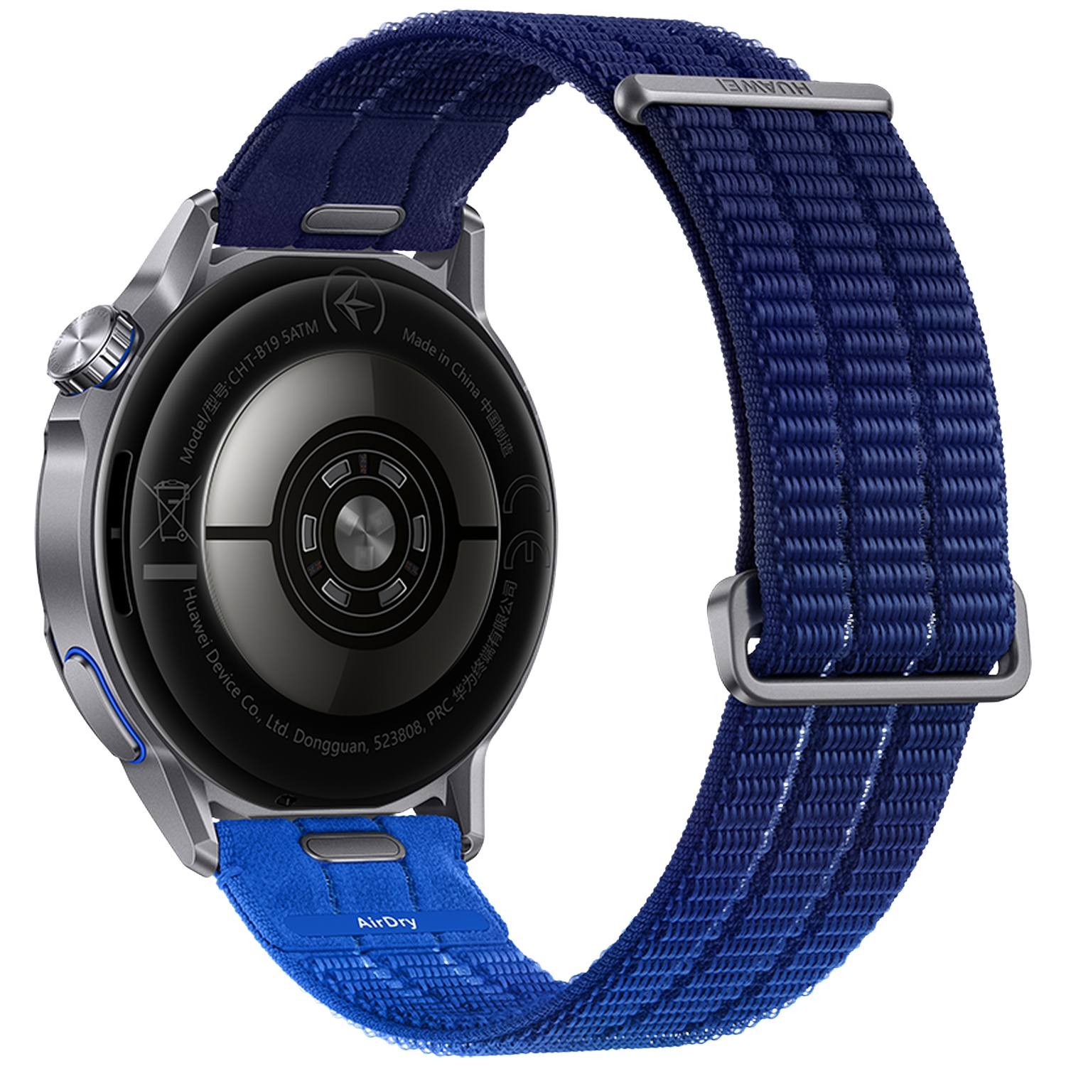 Achterkant van een smartwatch met blauwe stoffen band en zilveren details.