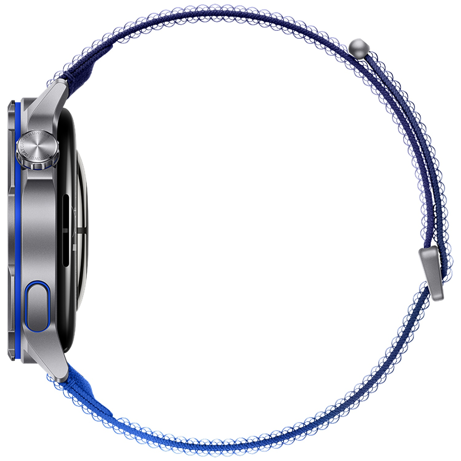 Zilverkleurig smartwatch met blauwe band en decoratieve rand, zij-aanzicht.