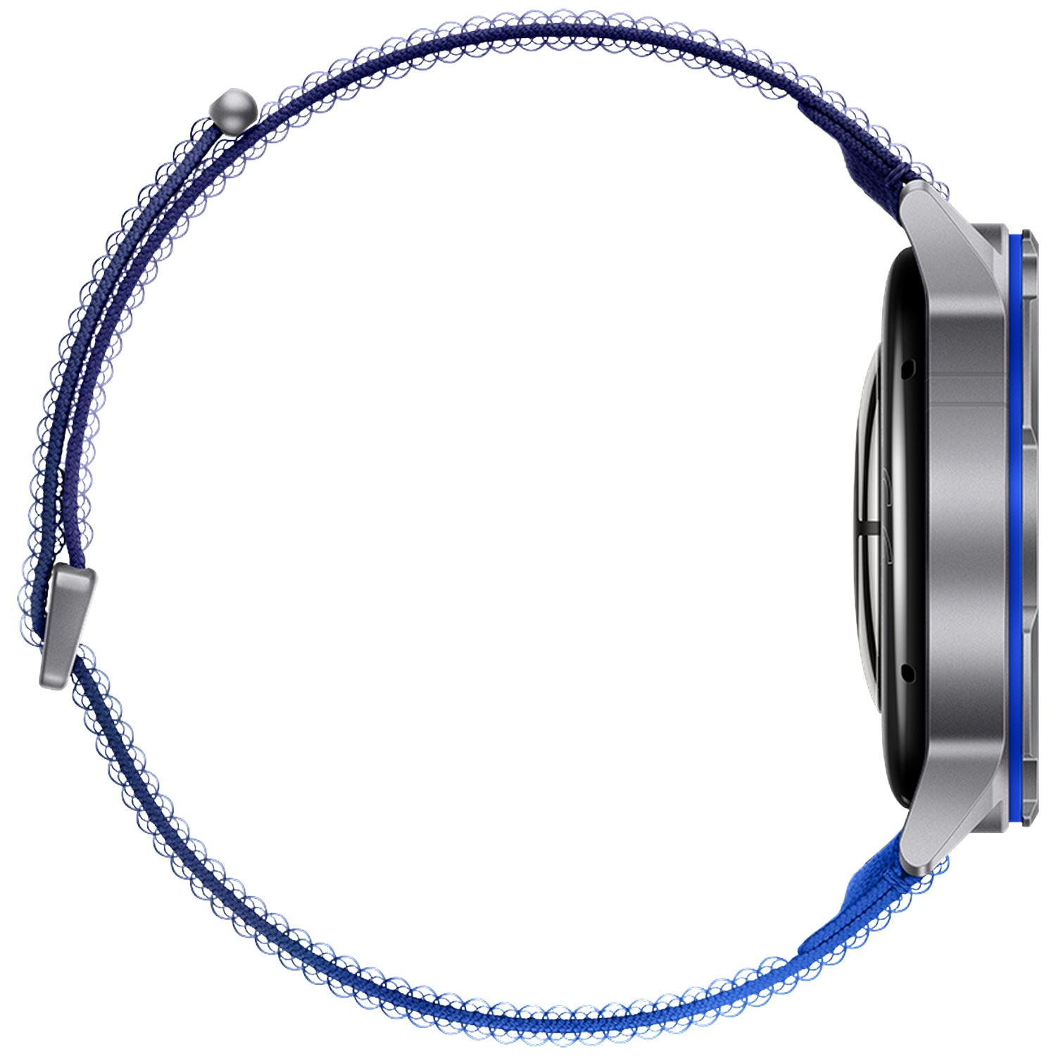 Grijze smartwatch met blauw stoffen bandje, close-up.