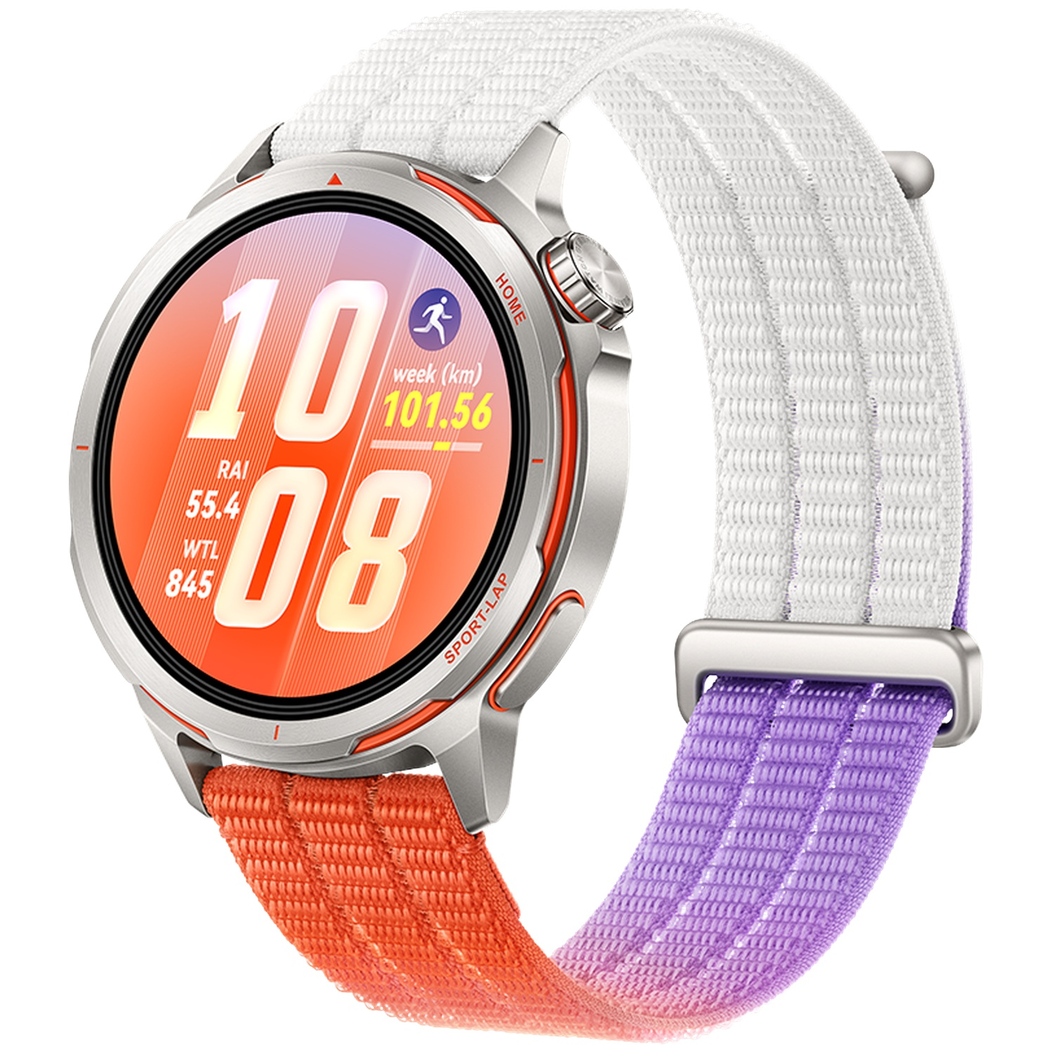 Zilveren smartwatch met oranje/witte en paarse/witte bandjes, toont tijd en sportgegevens.
