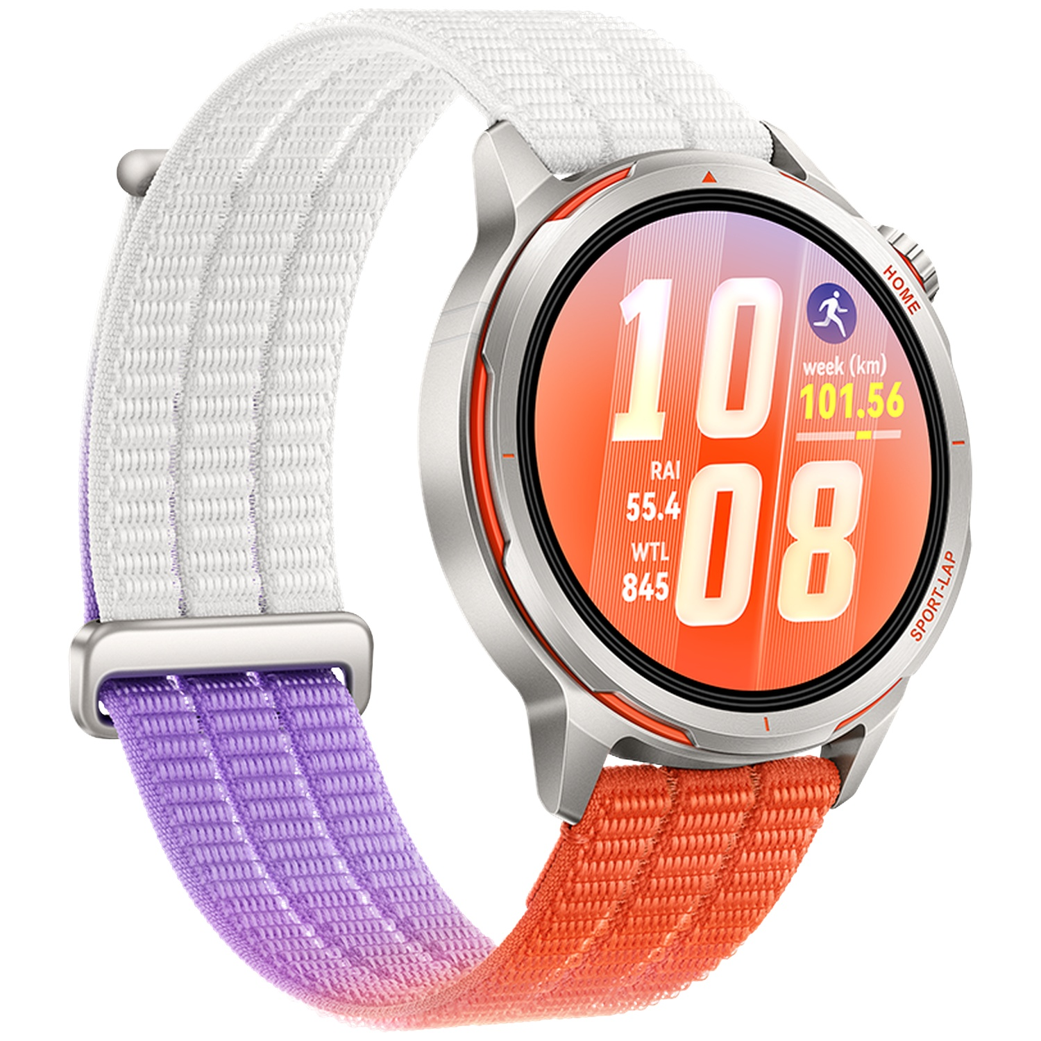 Een zilverkleurig smartwatch met een gekleurde stoffen band: wit, paars en oranje.