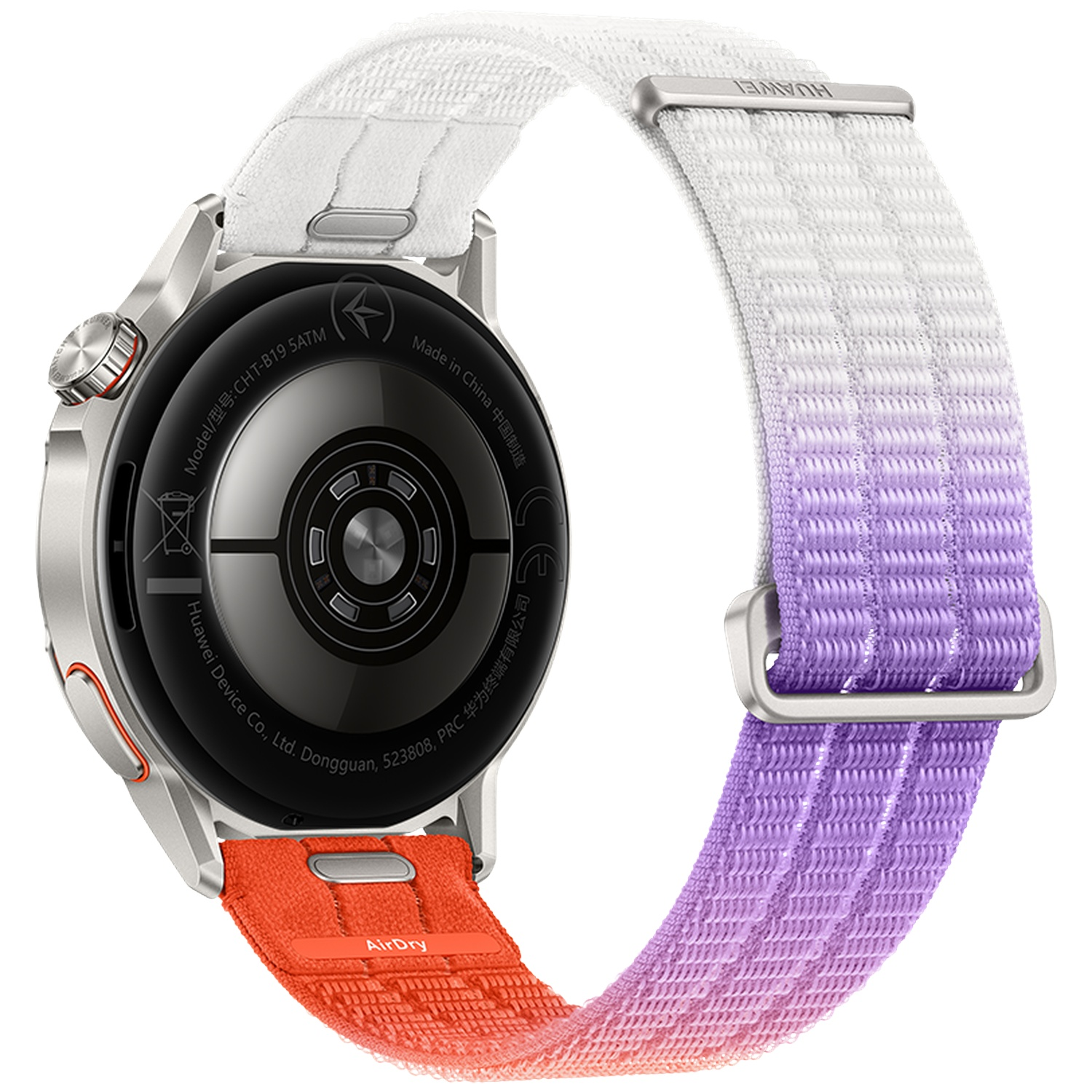 Achterkant van een zilverkleurig smartwatch met een band die verloopt van oranje naar paars.