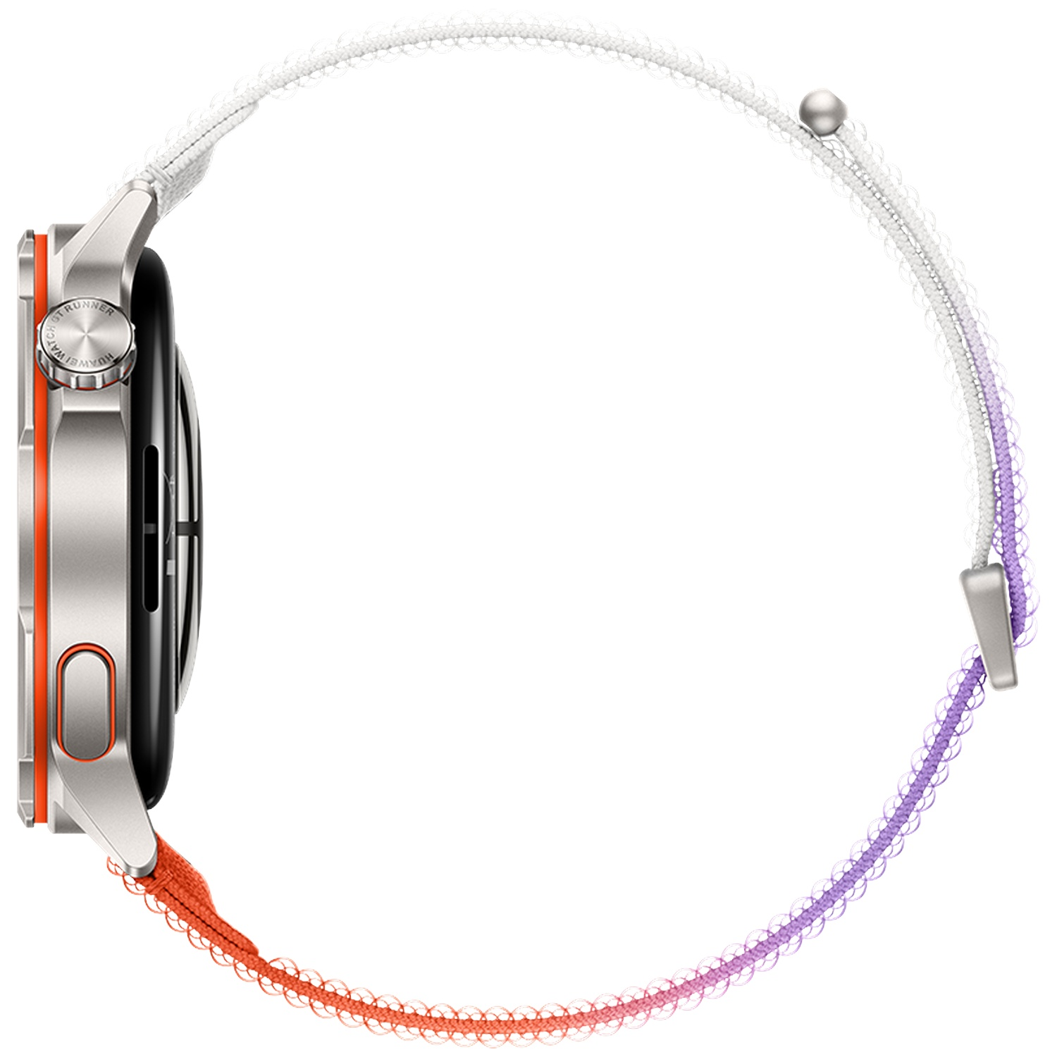 Een horloge met witte en paarse band op een witte achtergrond.