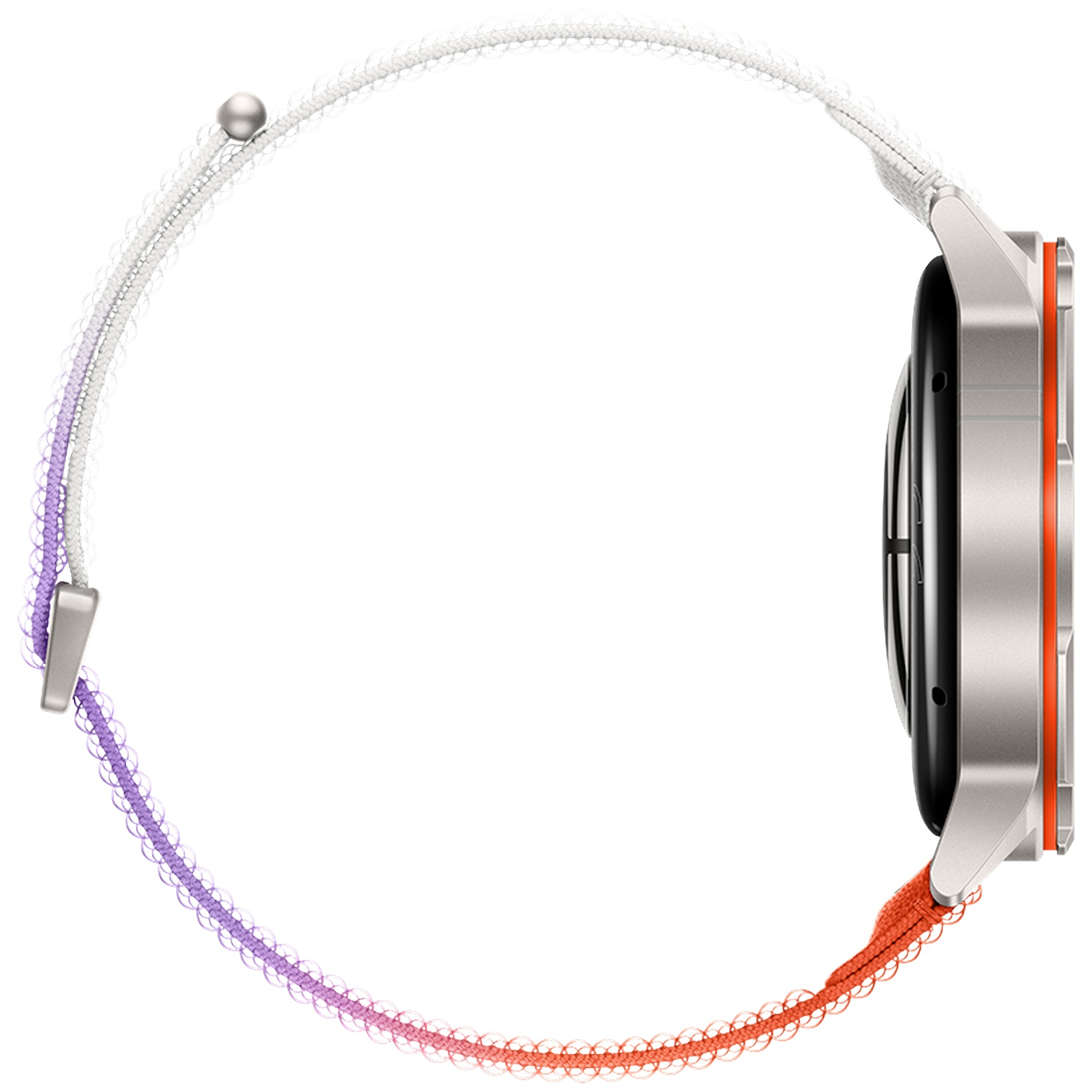 Zilverkleurig smartwatch met wit en paars bandje, close-up