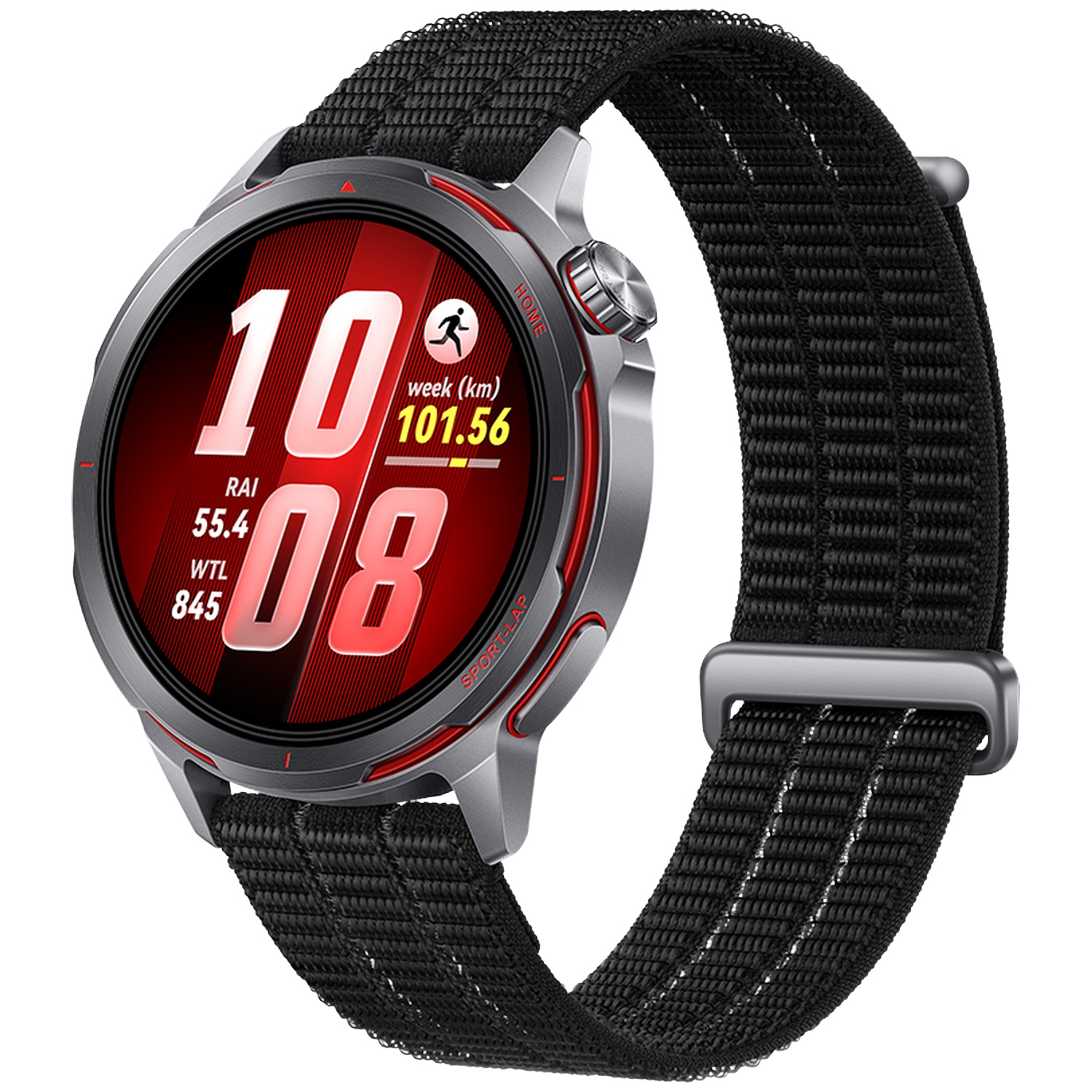 Grijze smartwatch met zwart stoffen bandje en rood digitaal display.