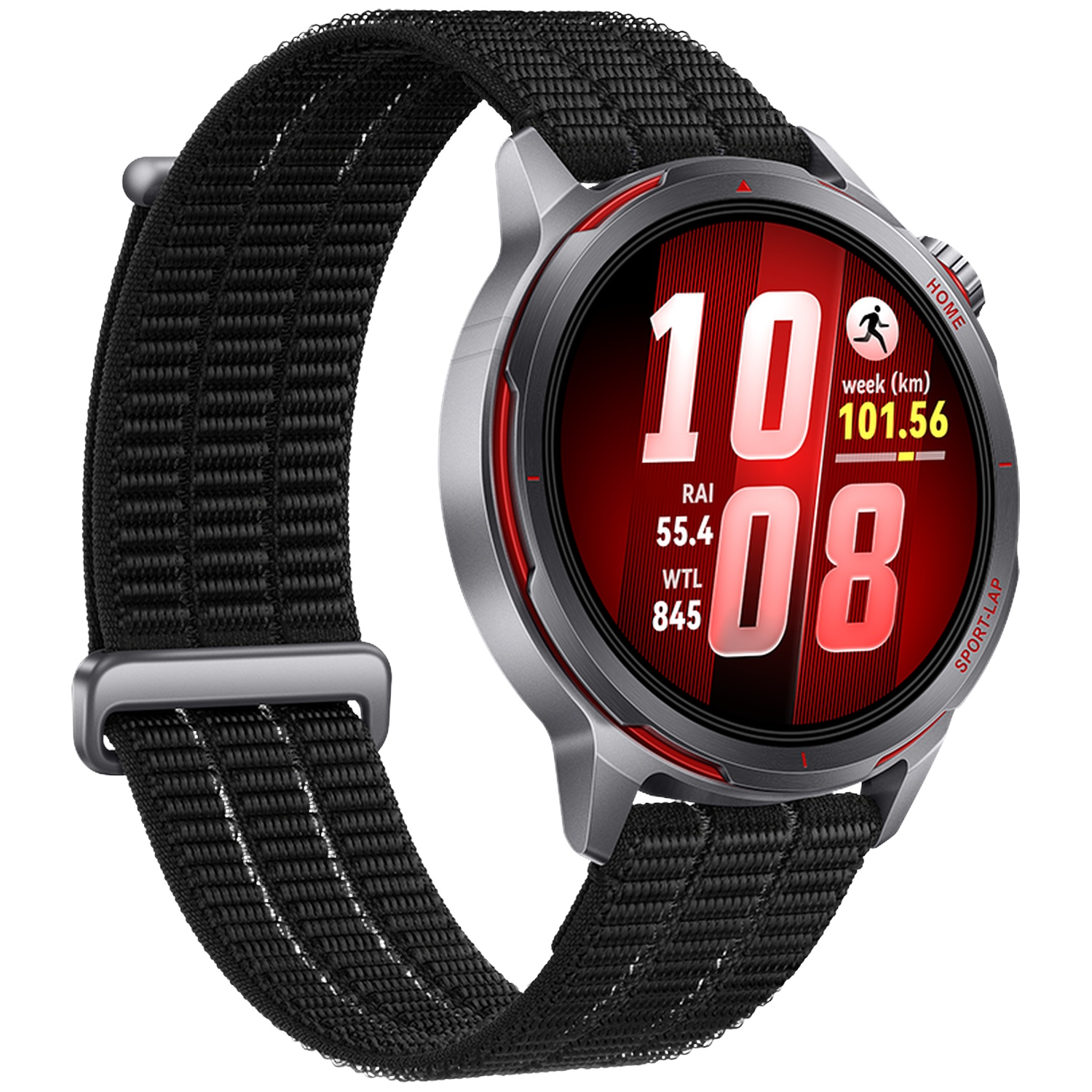 Een zwarte smartwatch met een rood digitaal display dat tijd en sportgegevens toont.