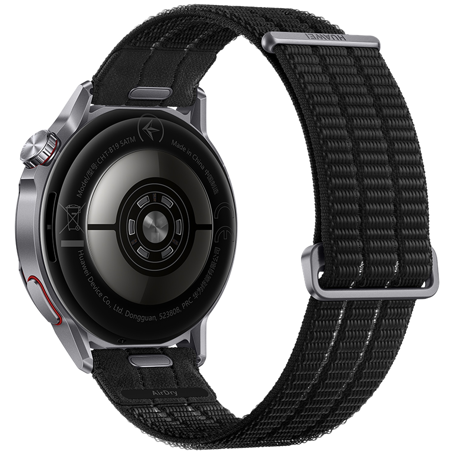 Achterkant van een zwarte Huawei smartwatch met metalen kroon en rode accenten.