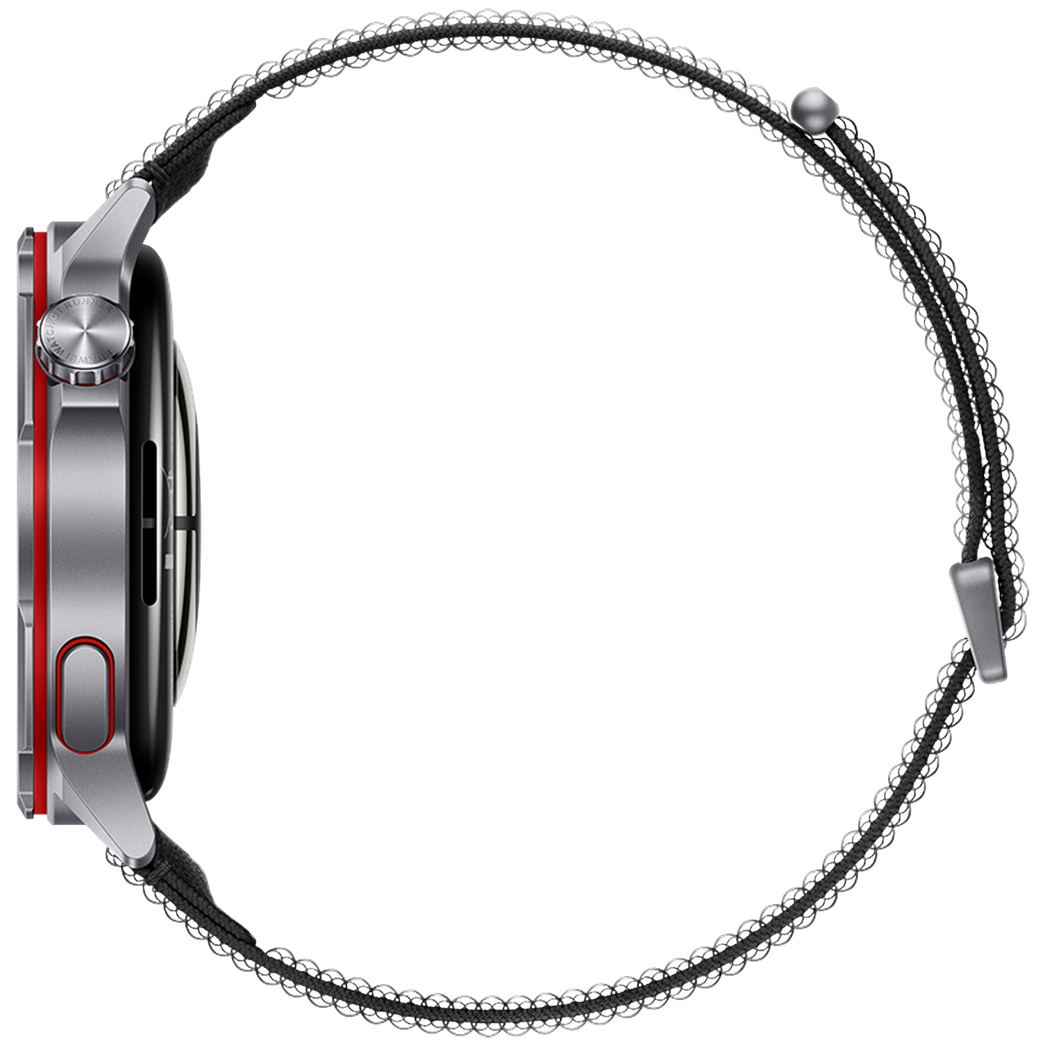 Zilverkleurig smartwatch met zwarte band en rode accent, zij-aanzicht.