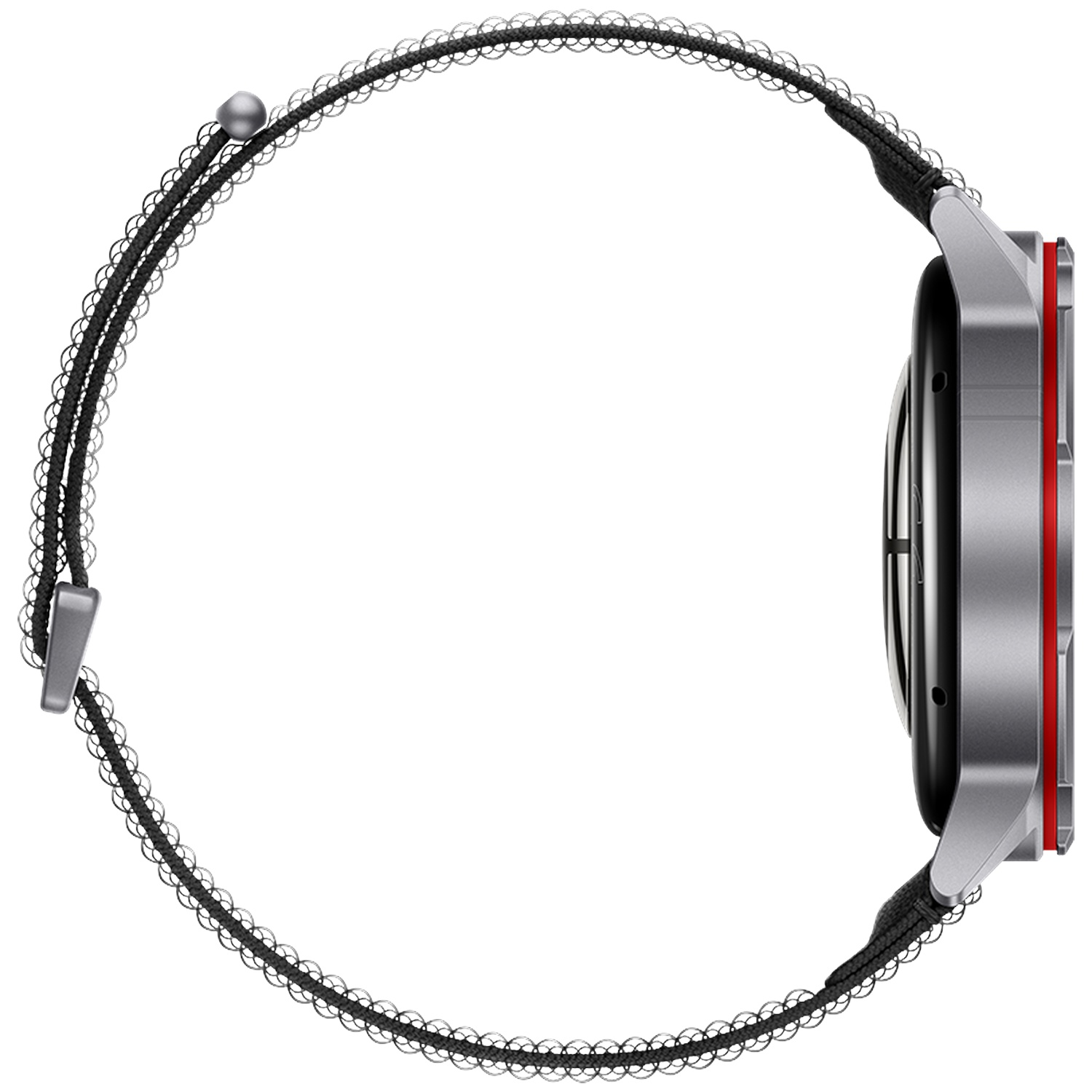 Zijaanzicht van een zilverkleurig smartwatch met een zwart gevlochten bandje en rode accenten.